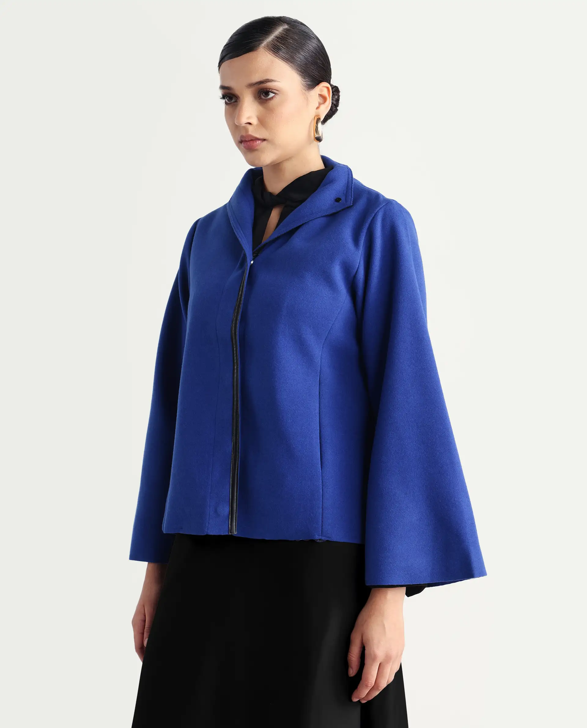 Rareism Women's Kraus Blue Polyester High Neck Plain Bell Sleeve Regular Fit Jacket - Image 5