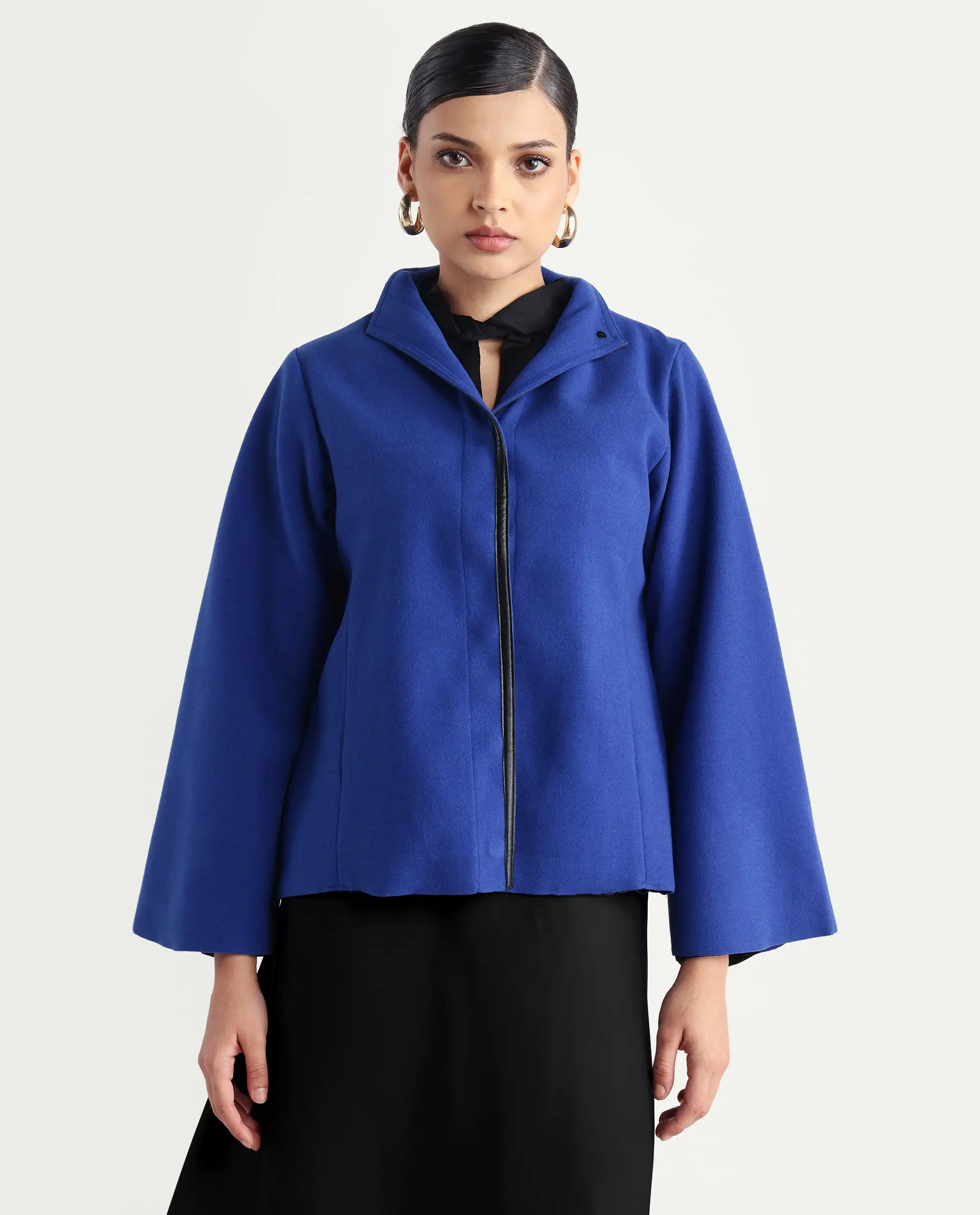 Rareism Women's Kraus Blue Polyester High Neck Plain Bell Sleeve Regular Fit Jacket - Image 6