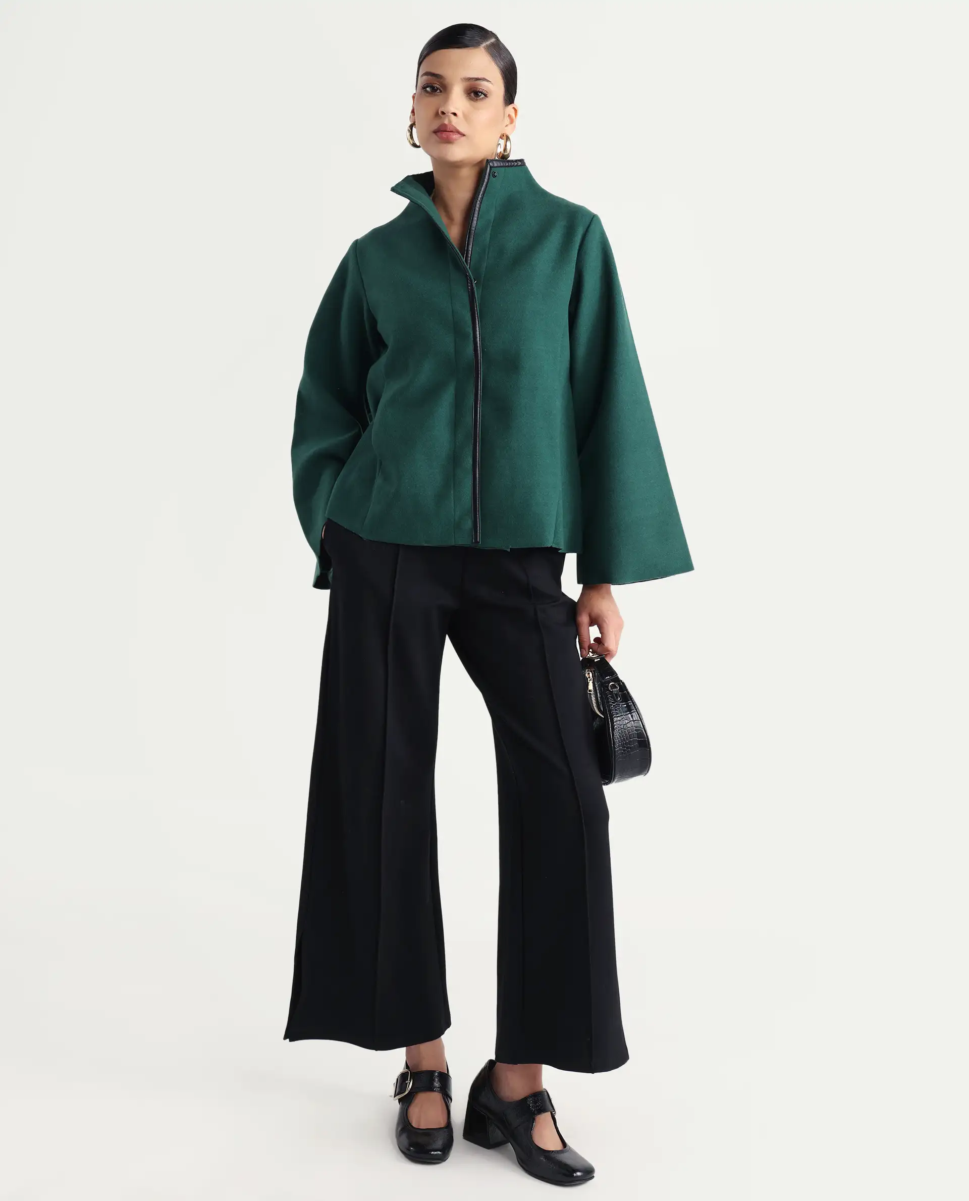 Rareism Women's Kraus Green Polyester High Neck Plain Bell Sleeve Regular Fit Jacket - Image 2