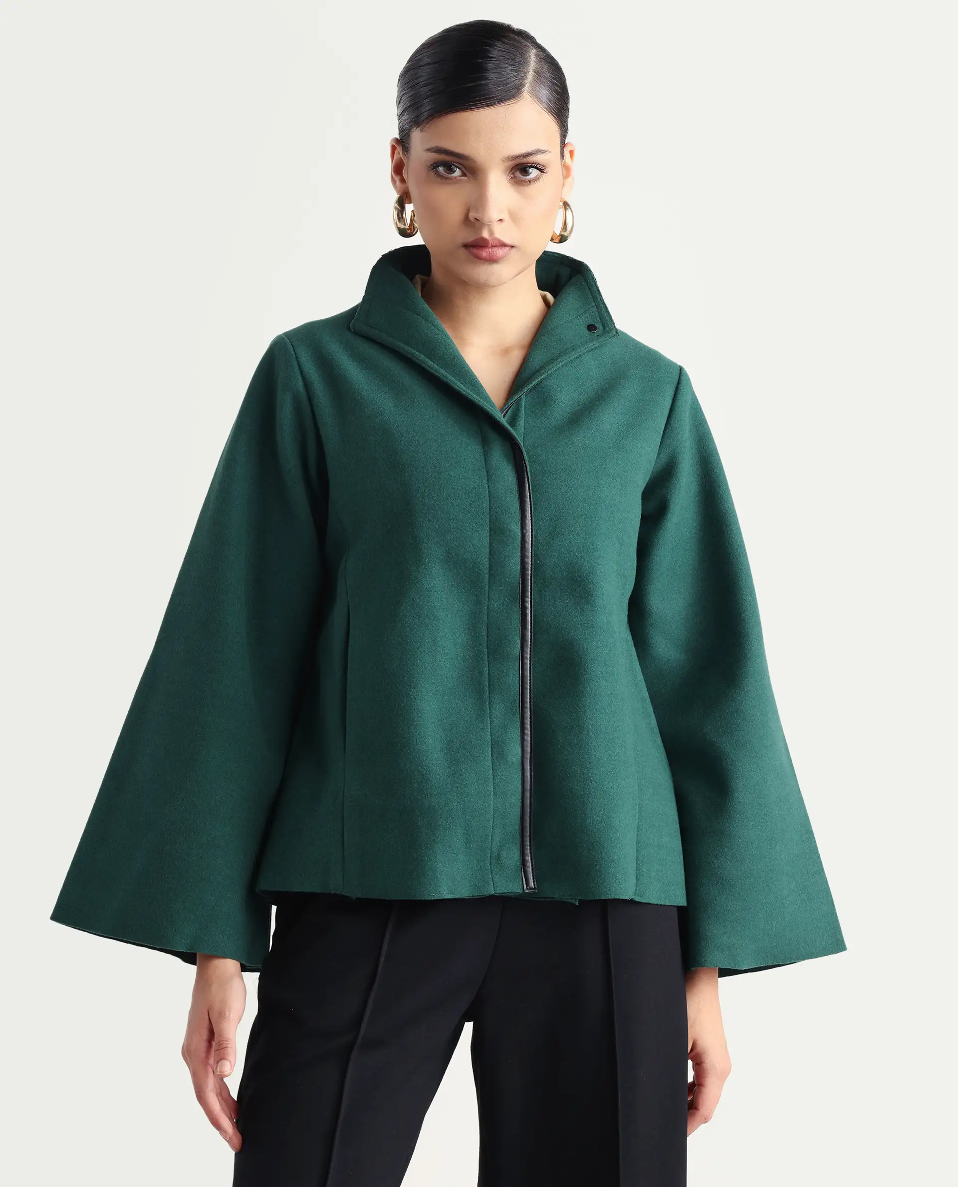 Rareism Women's Kraus Green Polyester High Neck Plain Bell Sleeve Regular Fit Jacket - Image 3