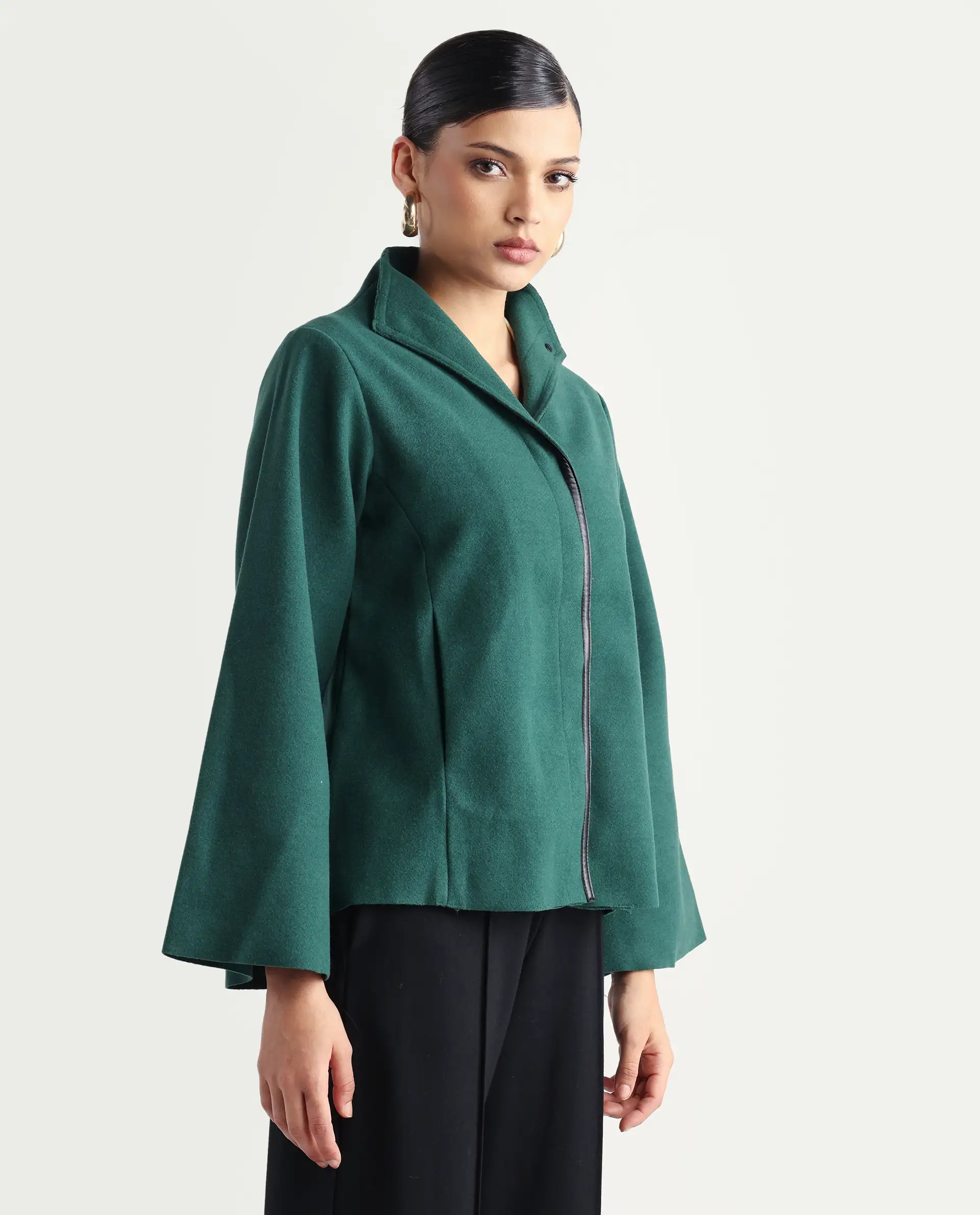 Rareism Women's Kraus Green Polyester High Neck Plain Bell Sleeve Regular Fit Jacket - Image 4