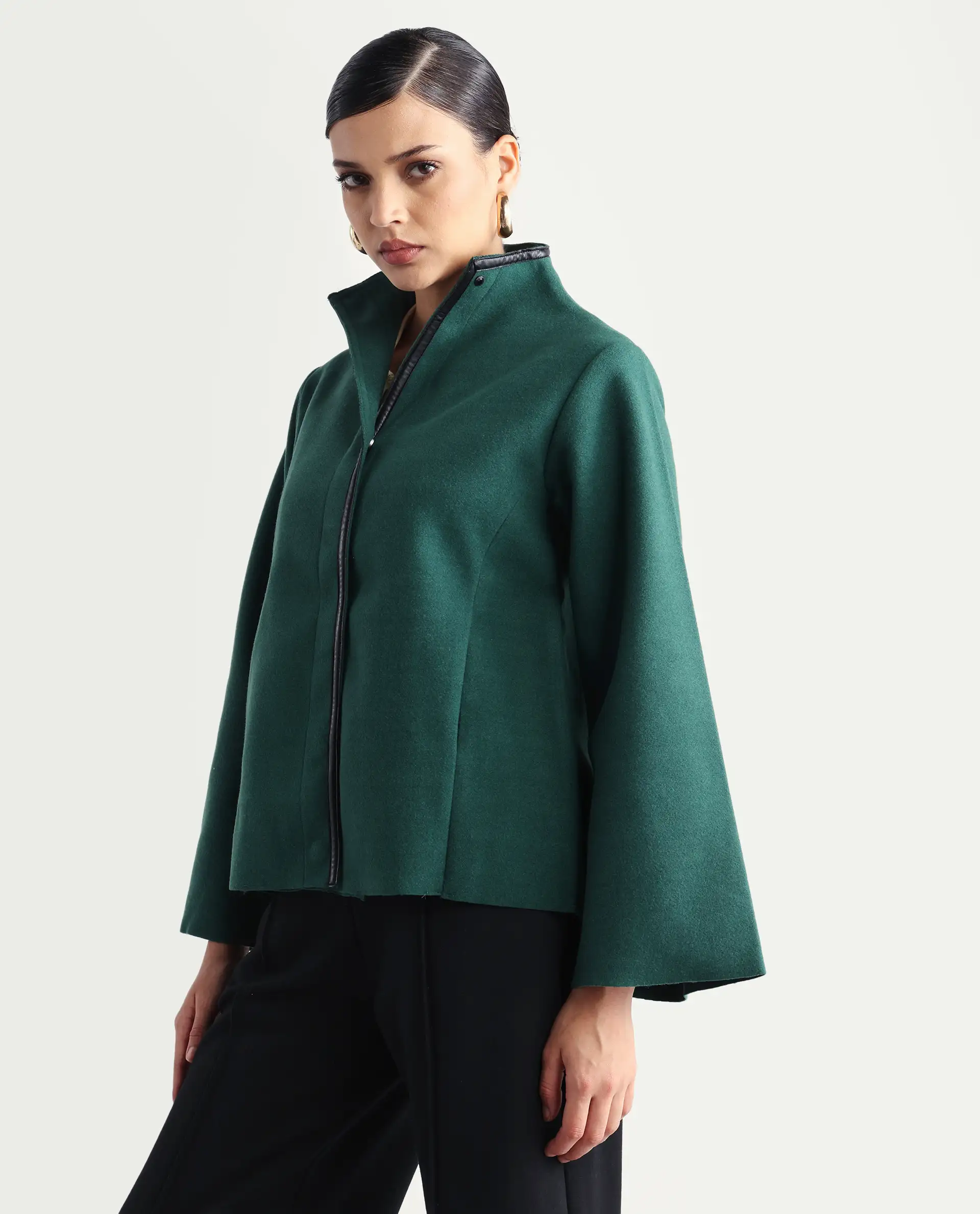 Rareism Women's Kraus Green Polyester High Neck Plain Bell Sleeve Regular Fit Jacket - Image 5