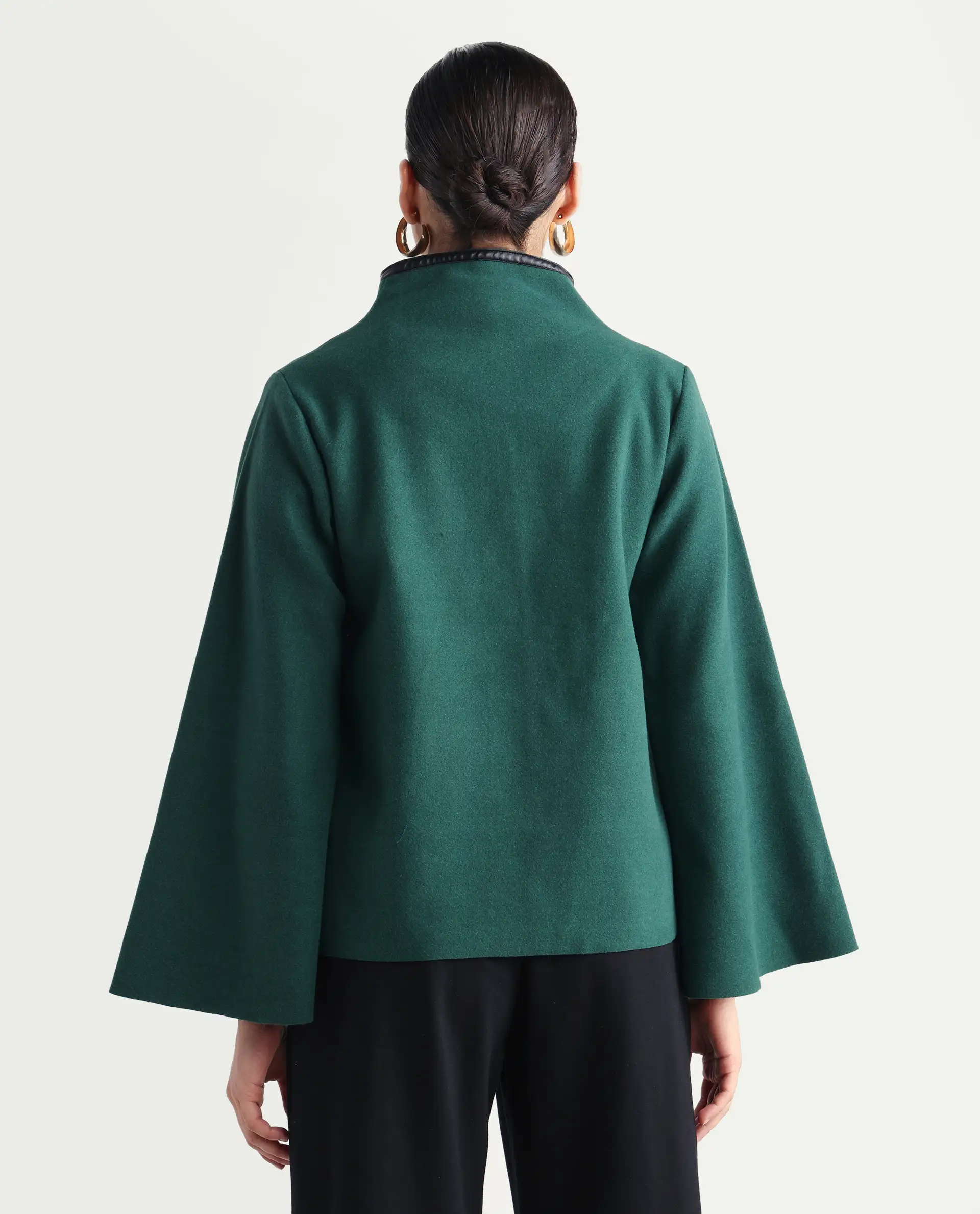 Rareism Women's Kraus Green Polyester High Neck Plain Bell Sleeve Regular Fit Jacket - Image 6