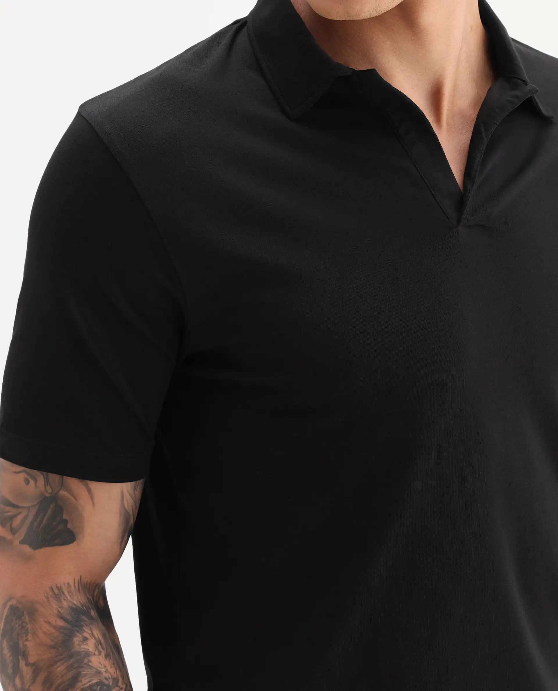 Rare Rabbit Men's Krib-1 Black Cotton Plain Regular Fit Half Sleeve Polo - Image 3