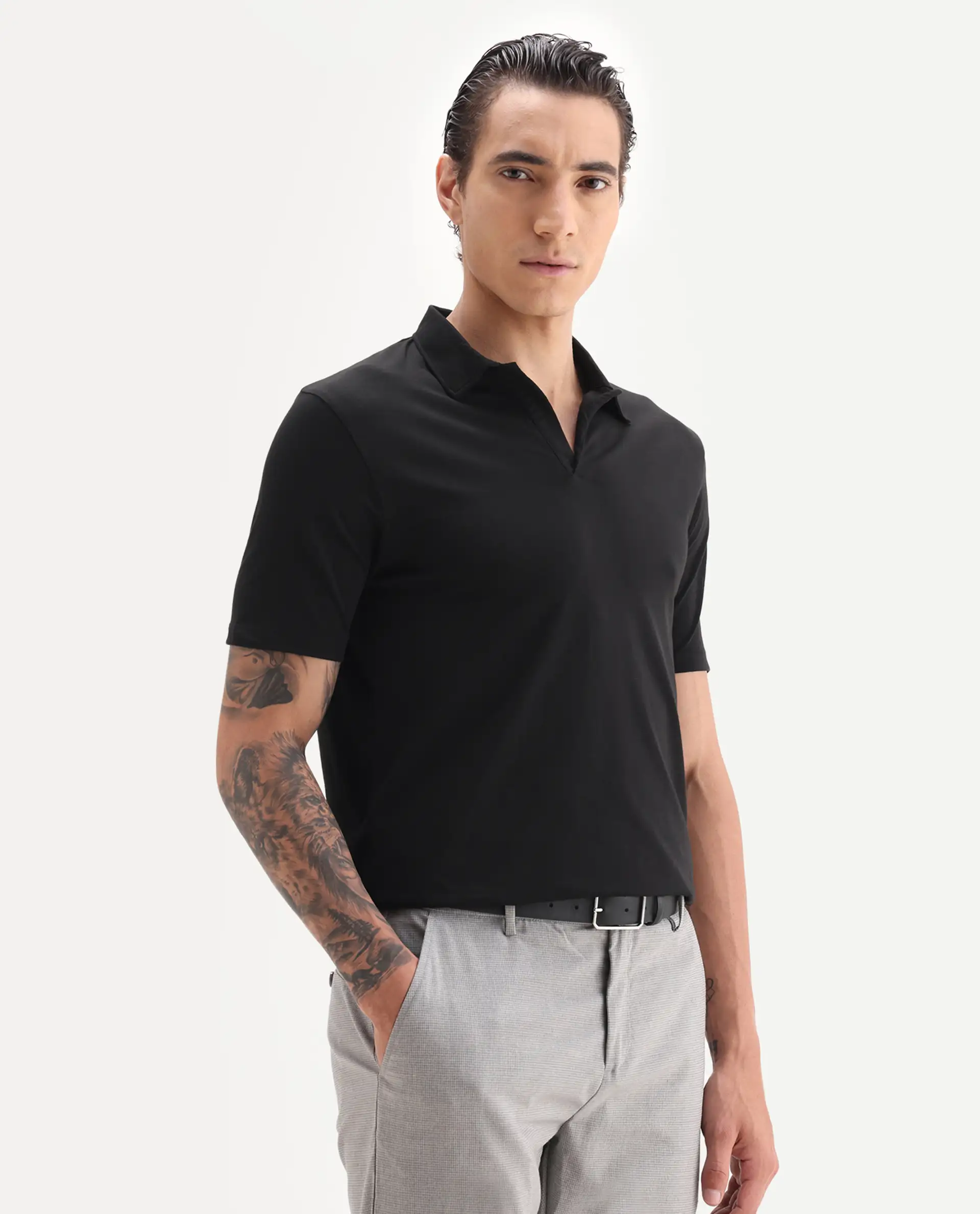 Rare Rabbit Men's Krib-1 Black Cotton Plain Regular Fit Half Sleeve Polo - Image 4