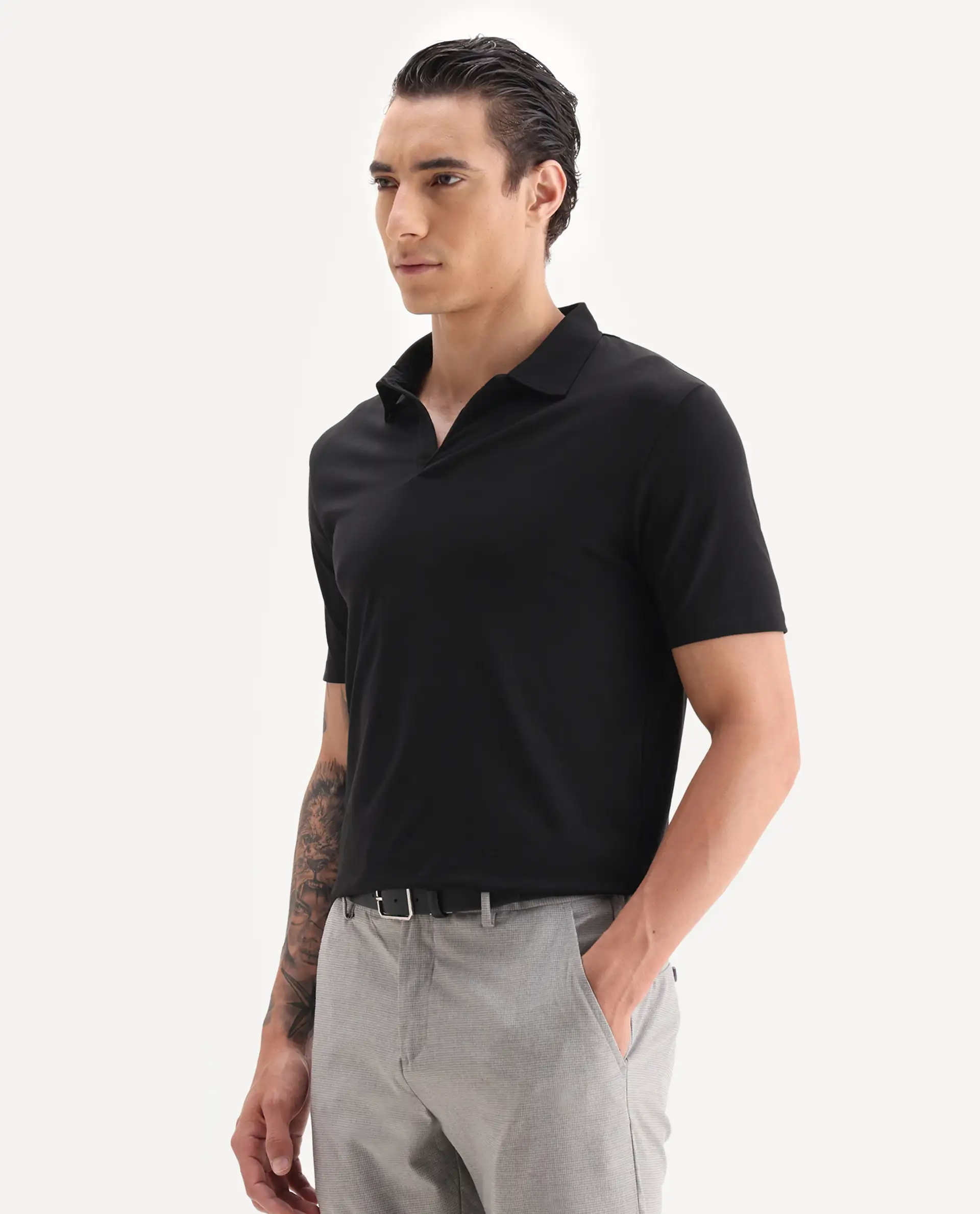 Rare Rabbit Men's Krib-1 Black Cotton Plain Regular Fit Half Sleeve Polo - Image 5