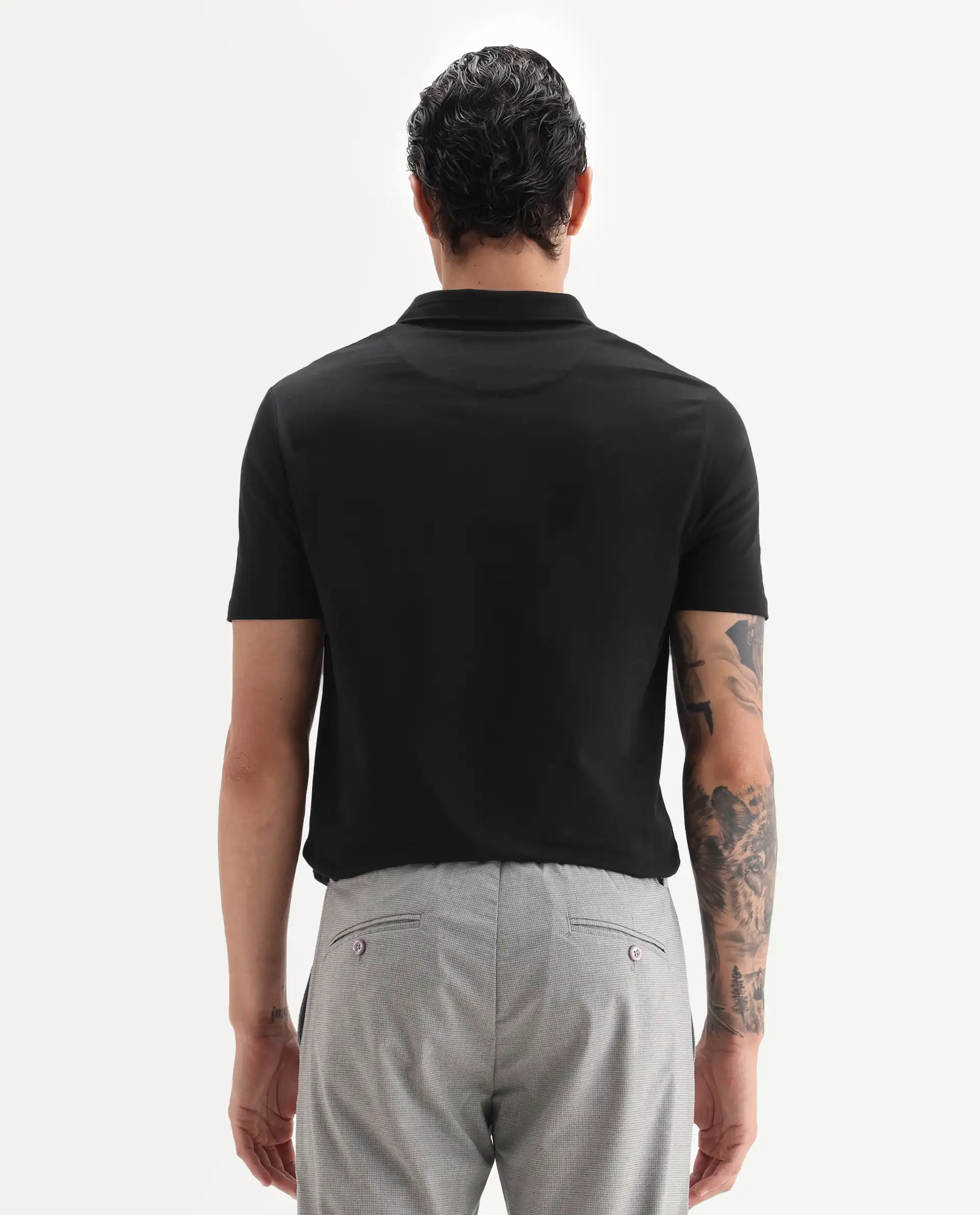Rare Rabbit Men's Krib-1 Black Cotton Plain Regular Fit Half Sleeve Polo - Image 6