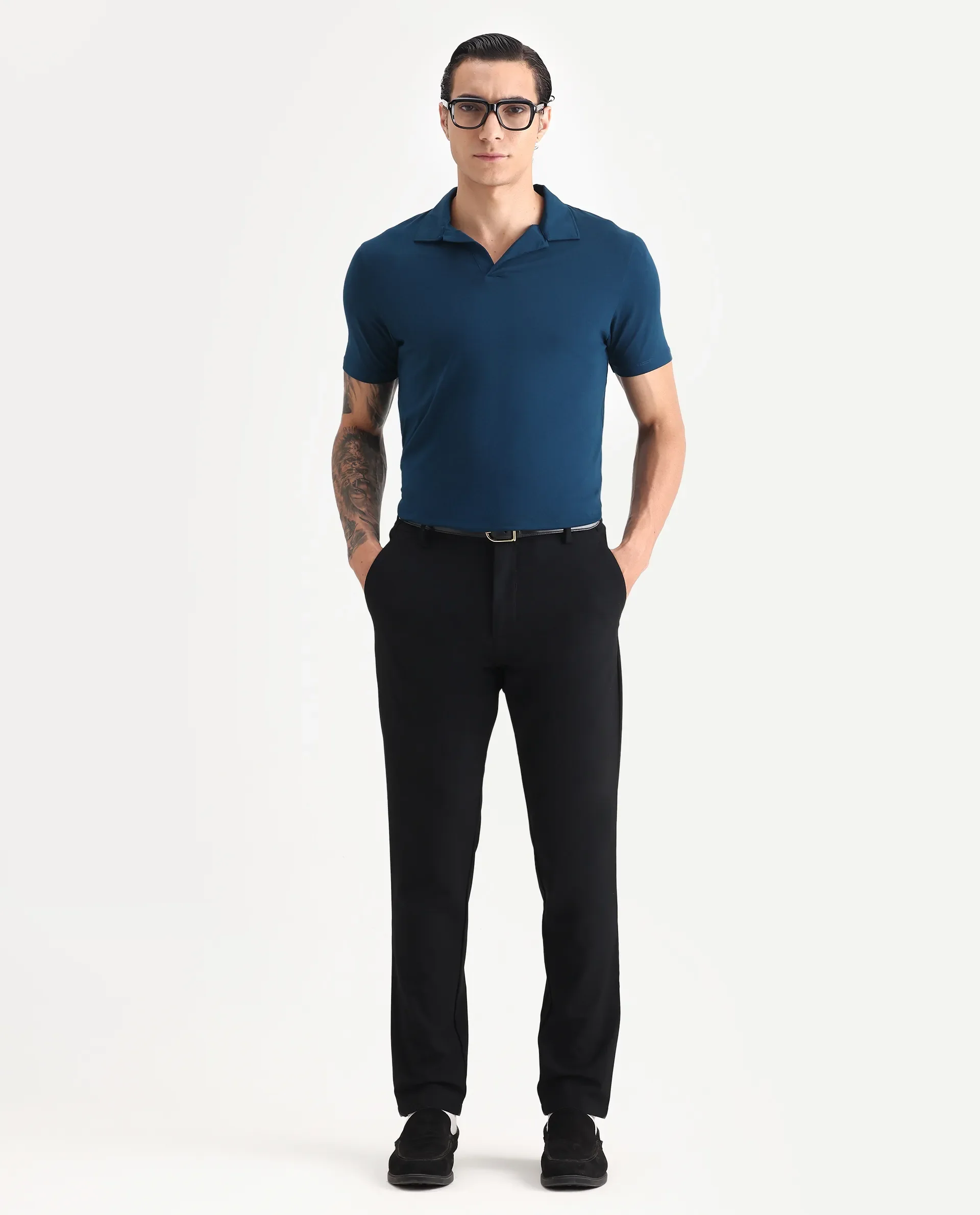 Rare Rabbit Men's Krib-1 Petrol Cotton Plain Regular Fit Half Sleeve Polo - Image 2
