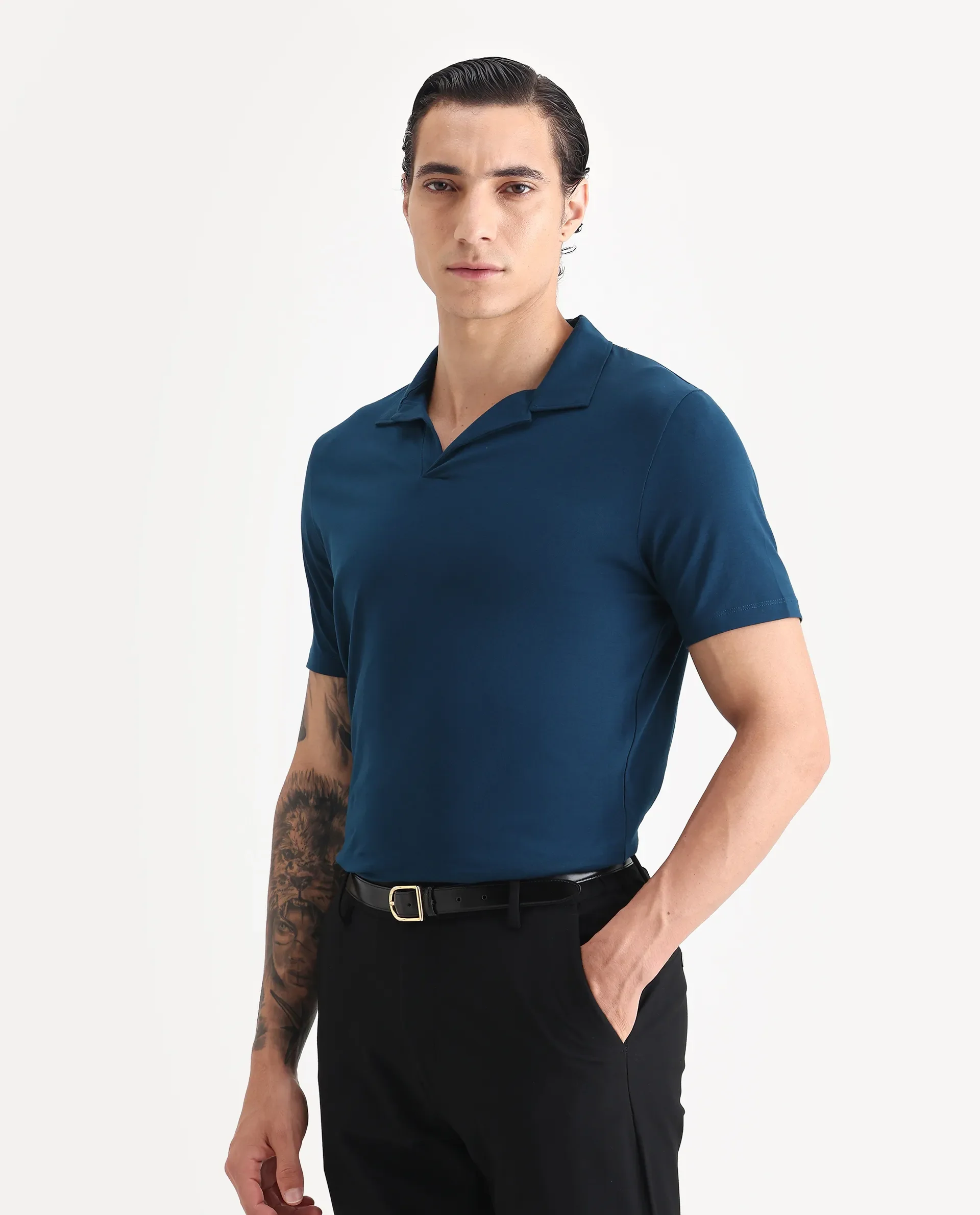 Rare Rabbit Men's Krib-1 Petrol Cotton Plain Regular Fit Half Sleeve Polo - Image 4