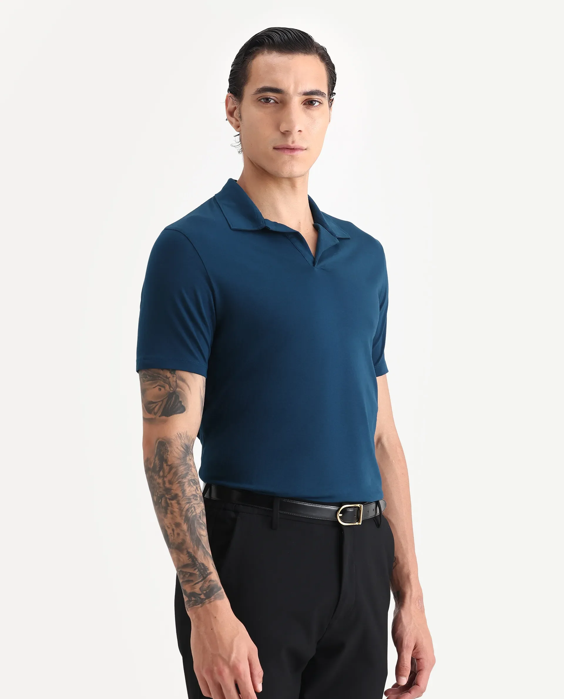 Rare Rabbit Men's Krib-1 Petrol Cotton Plain Regular Fit Half Sleeve Polo - Image 5