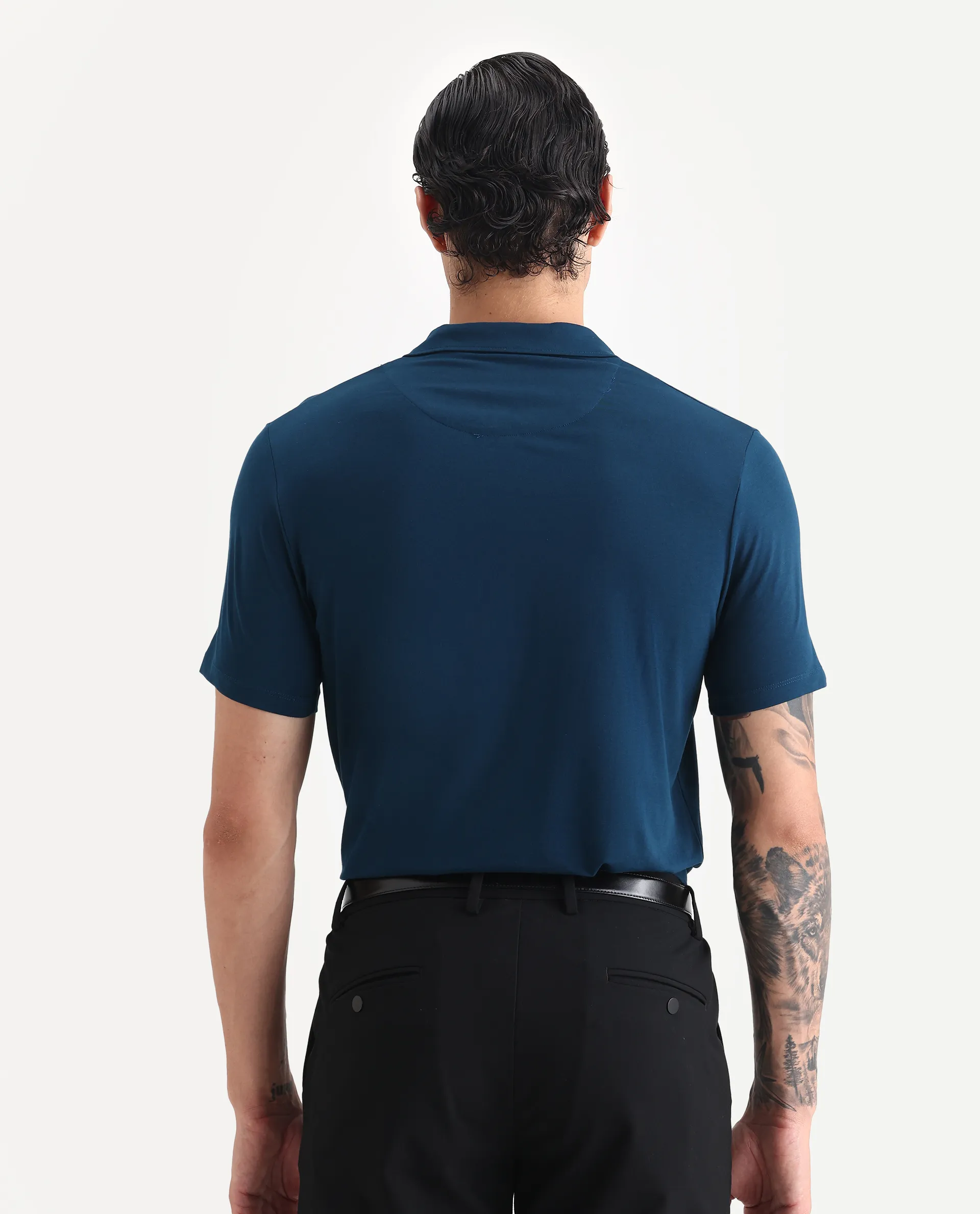 Rare Rabbit Men's Krib-1 Petrol Cotton Plain Regular Fit Half Sleeve Polo - Image 6