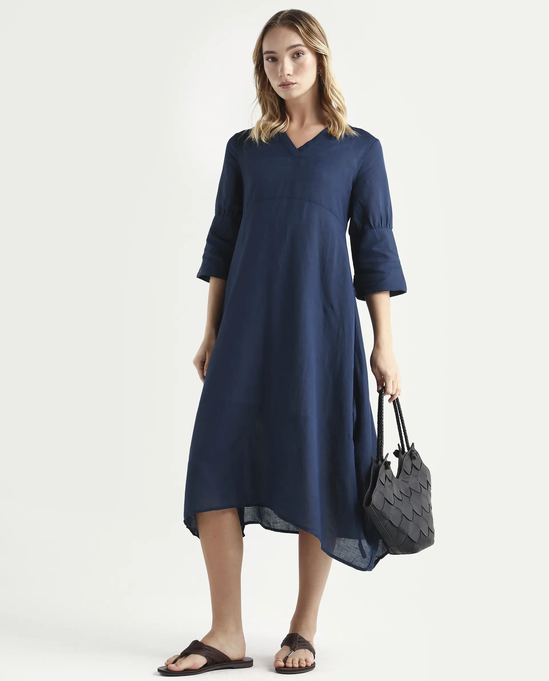 Rareism Women's Krick Navy Modal Blend V-Neck Plain Midi Relaxed Fit Dress - Image 2