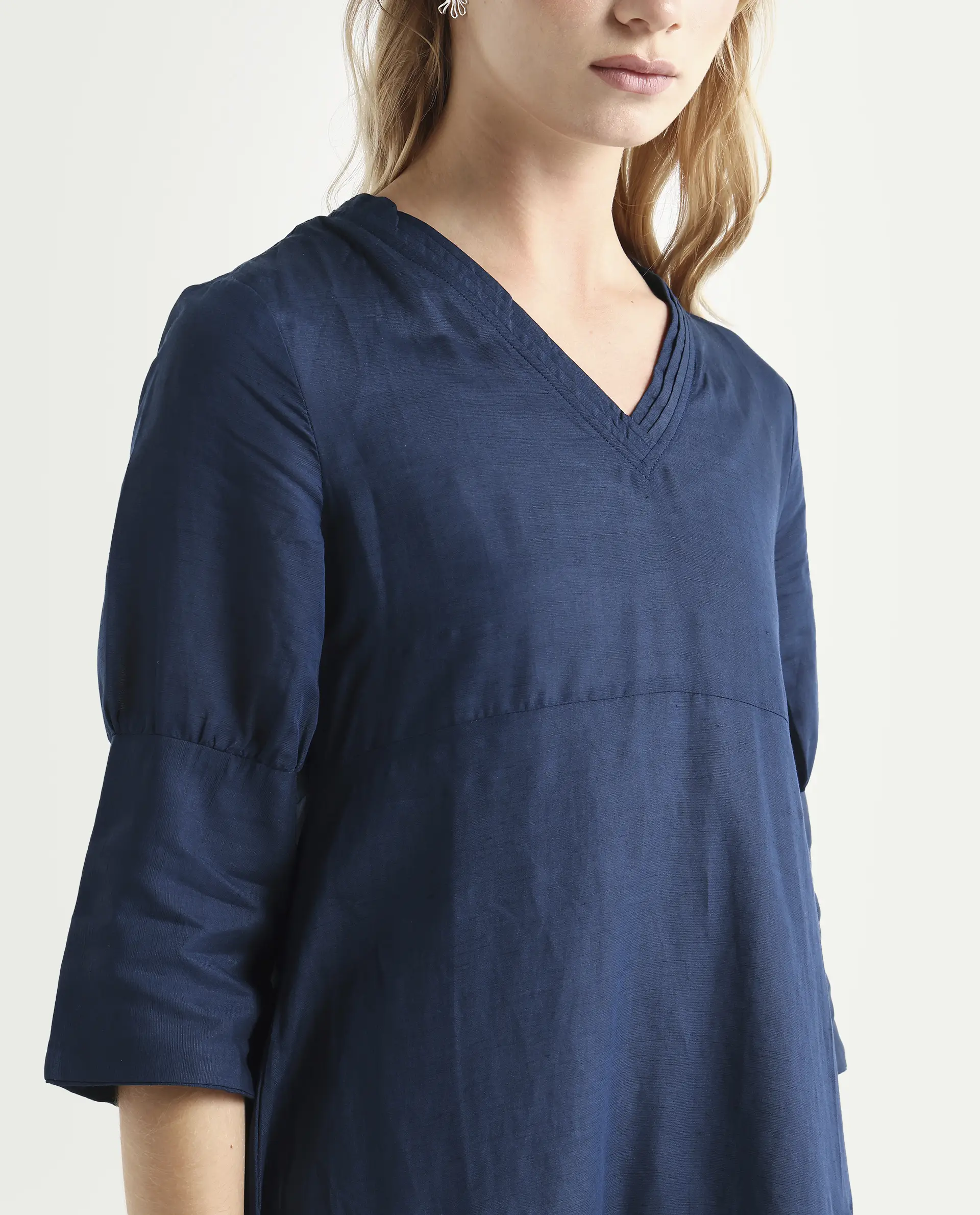 Rareism Women's Krick Navy Modal Blend V-Neck Plain Midi Relaxed Fit Dress - Image 3