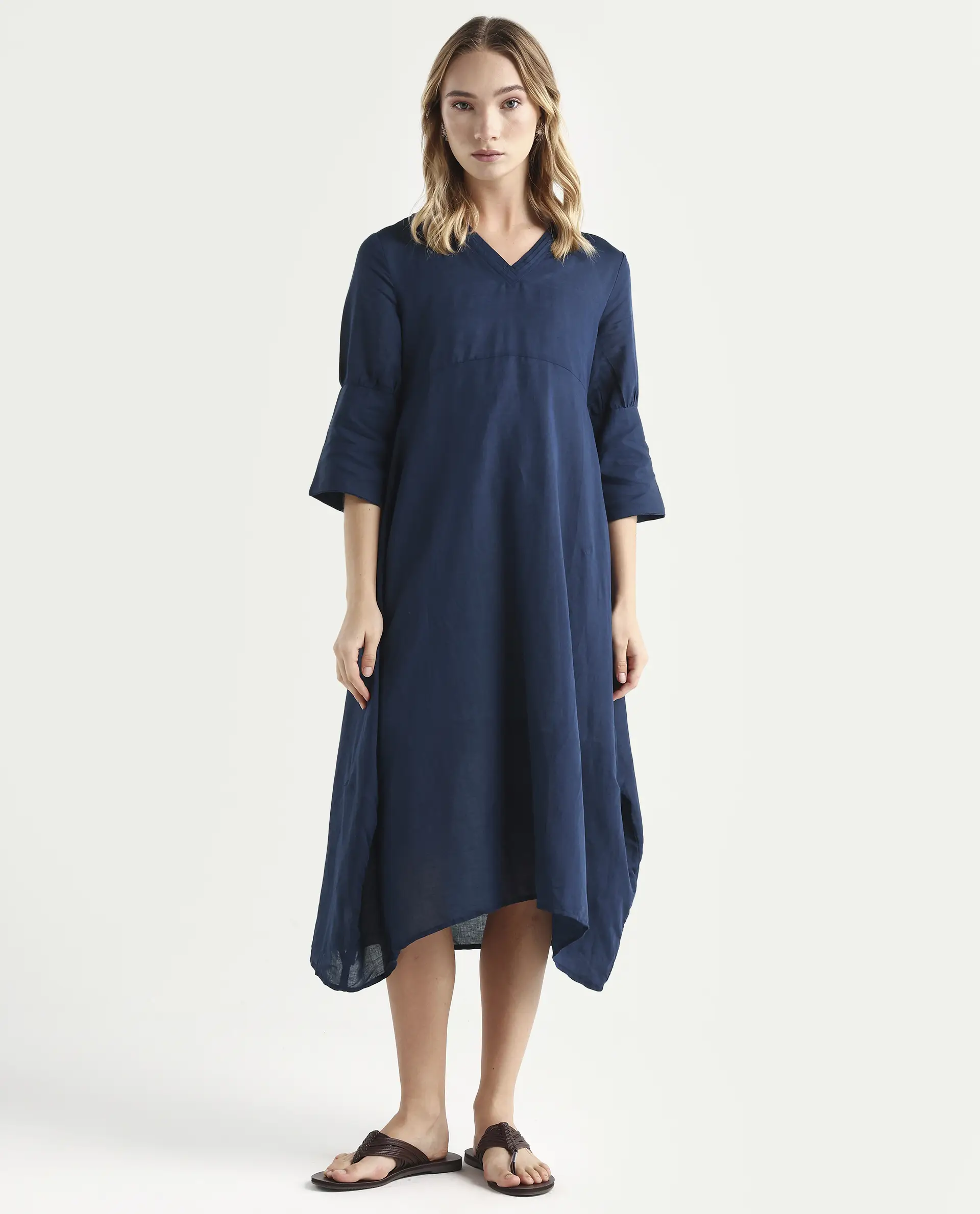 Rareism Women's Krick Navy Modal Blend V-Neck Plain Midi Relaxed Fit Dress - Image 4