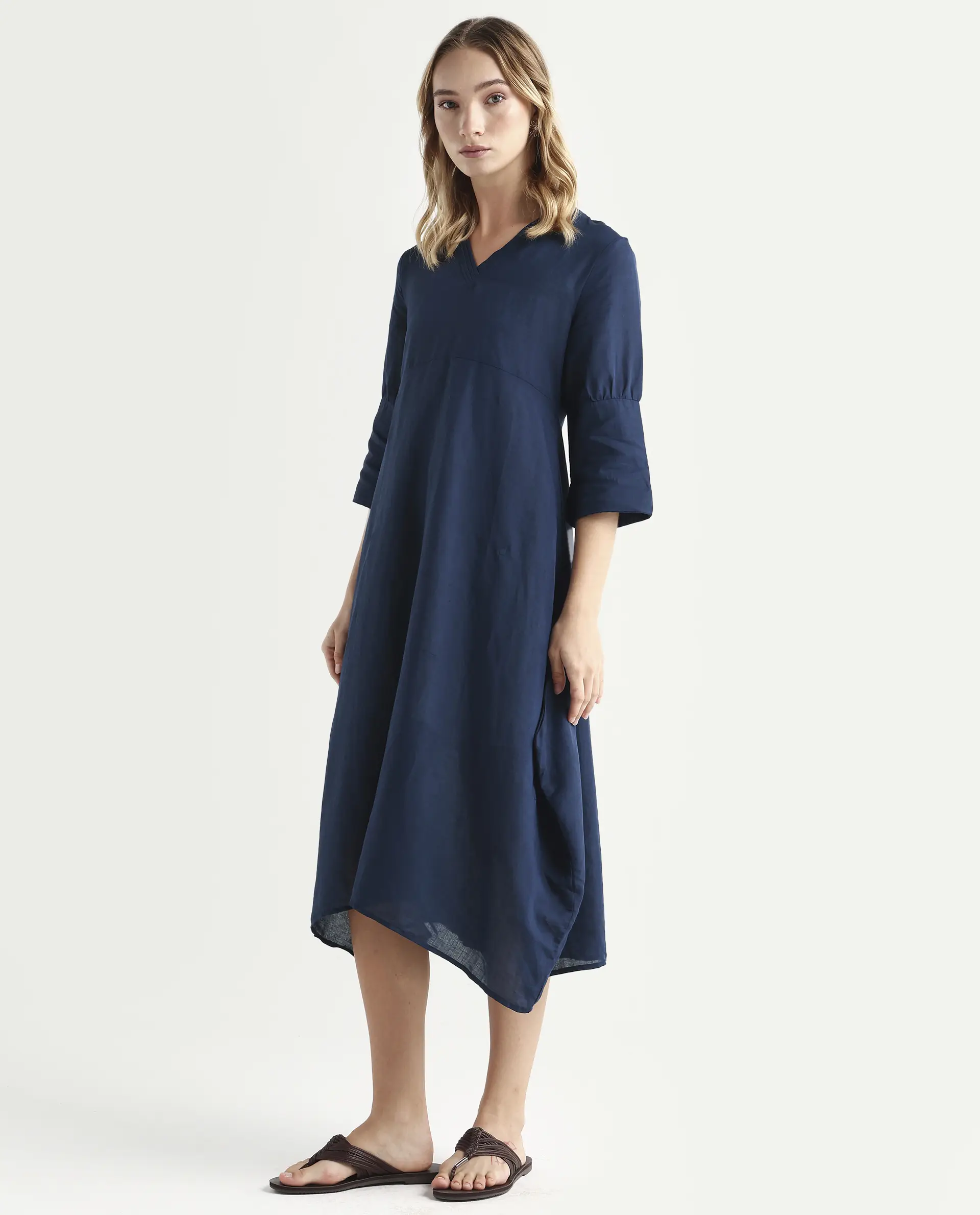Rareism Women's Krick Navy Modal Blend V-Neck Plain Midi Relaxed Fit Dress - Image 5