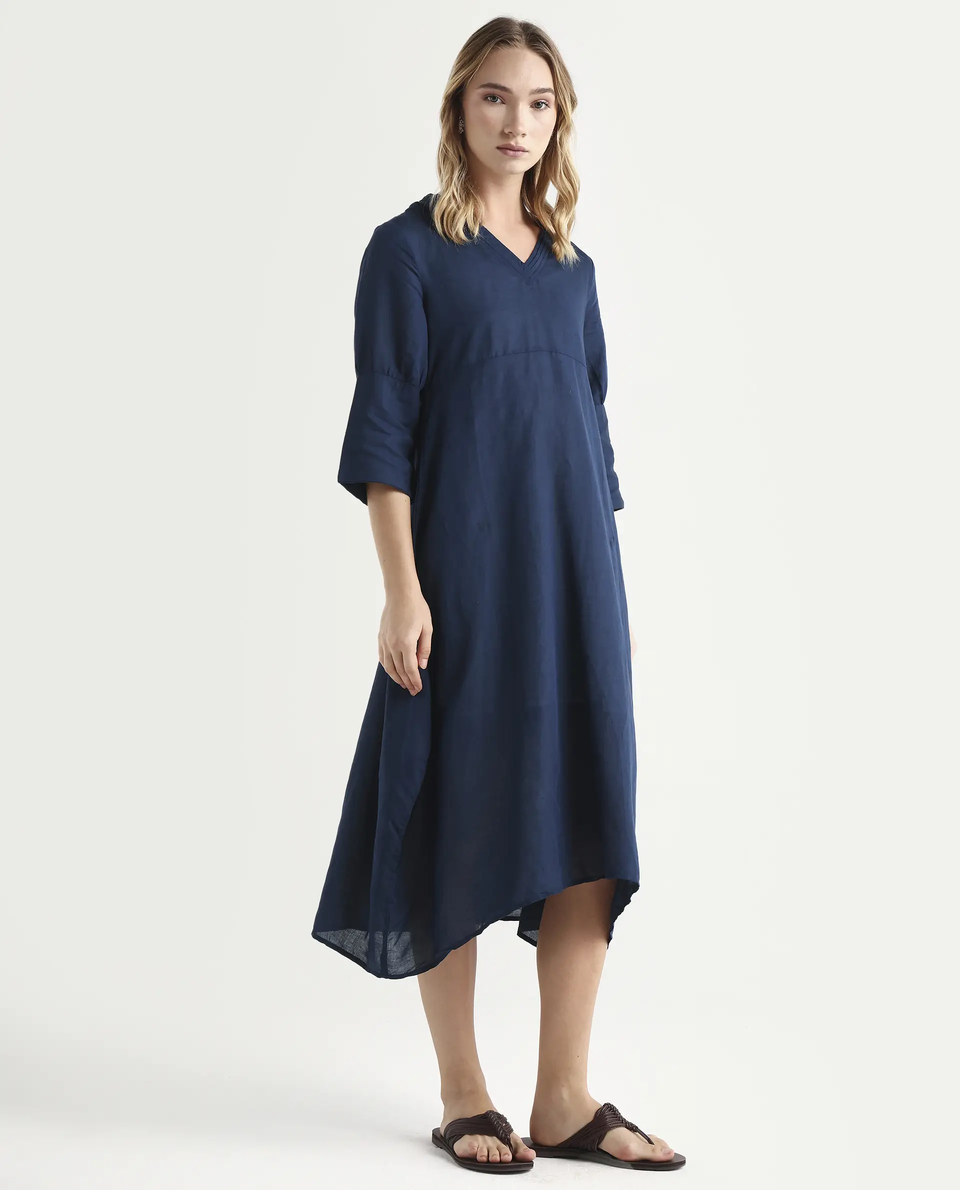 Rareism Women's Krick Navy Modal Blend V-Neck Plain Midi Relaxed Fit Dress - Image 6
