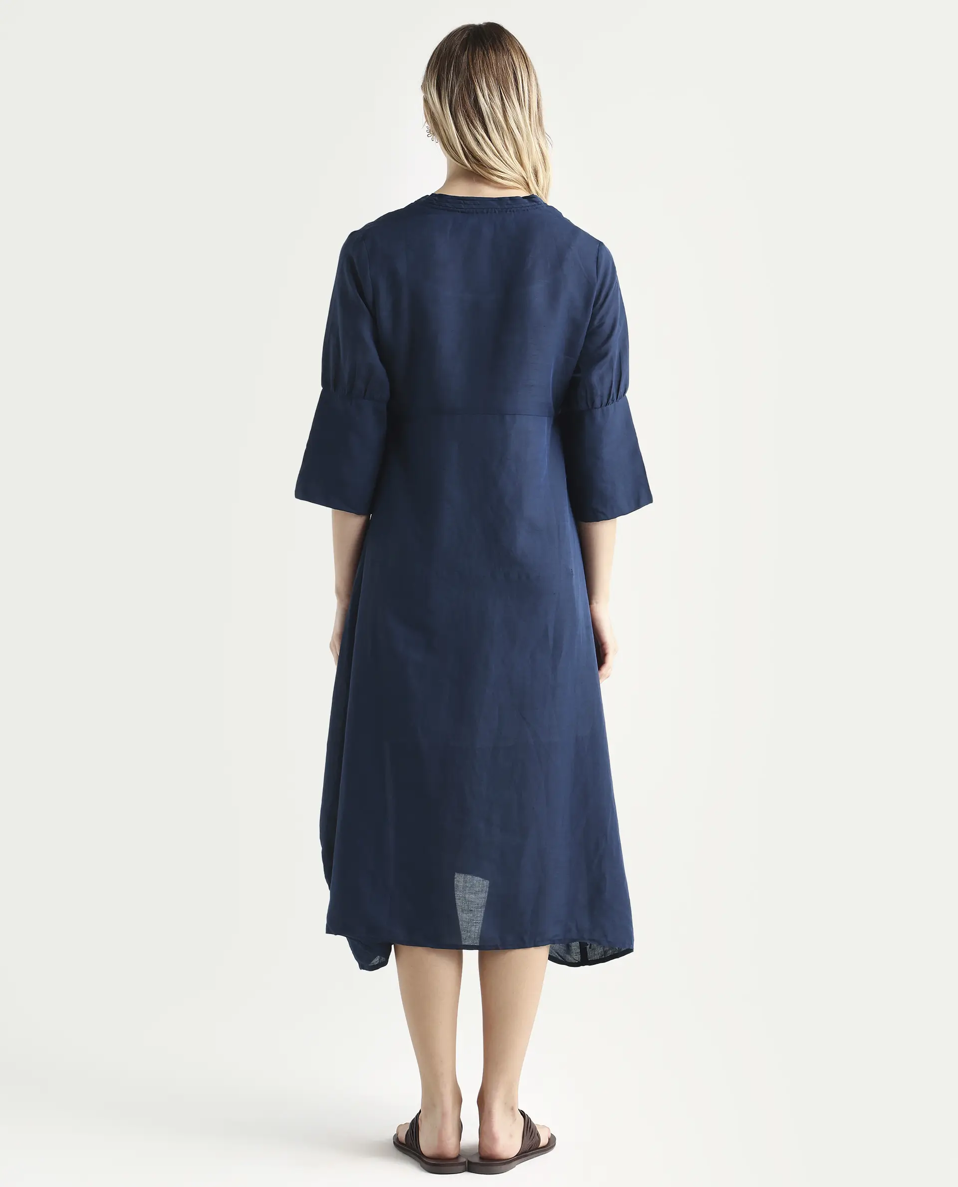 Rareism Women's Krick Navy Modal Blend V-Neck Plain Midi Relaxed Fit Dress - Image 7