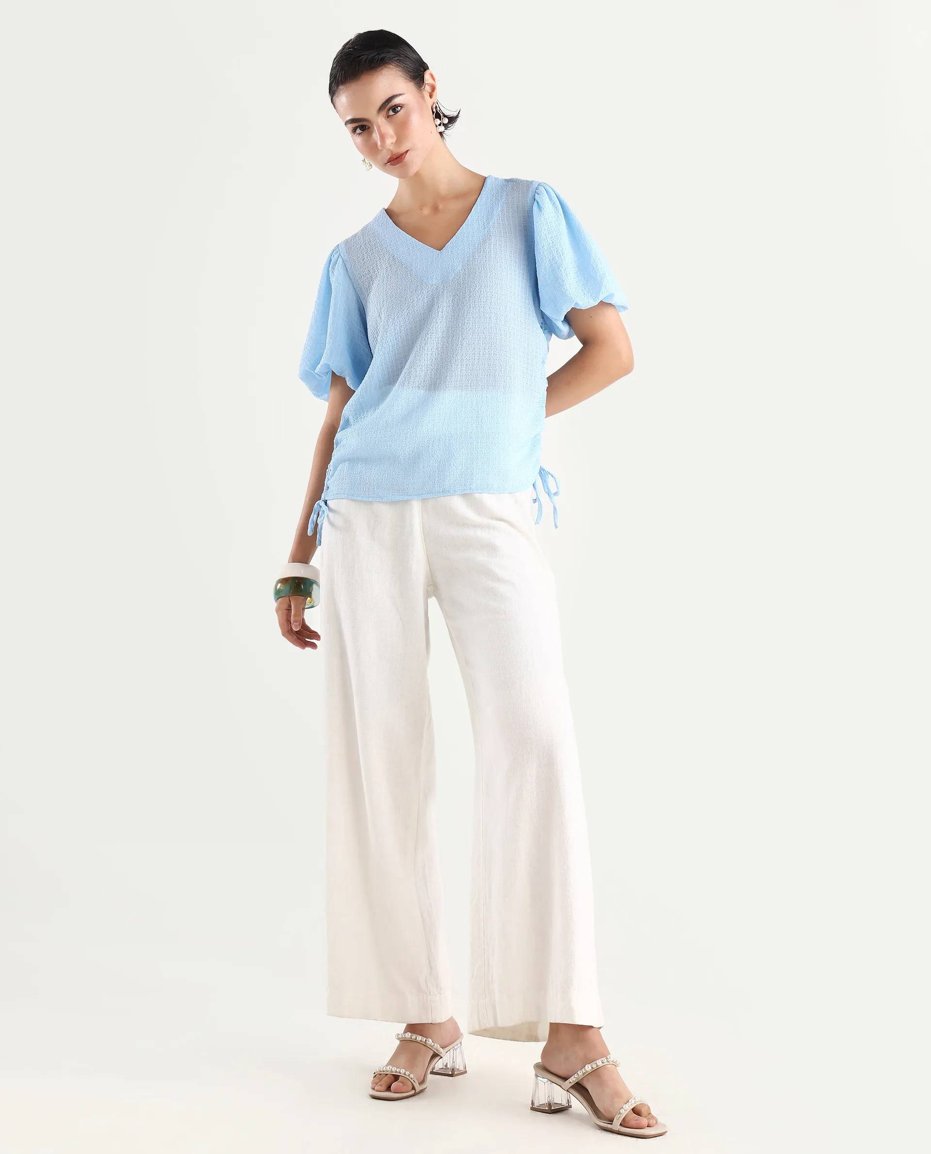 Rareism Women's Krien Light Blue Polyester V-Neck Plain Balloon Sleeve Regular Fit Top - Image 2