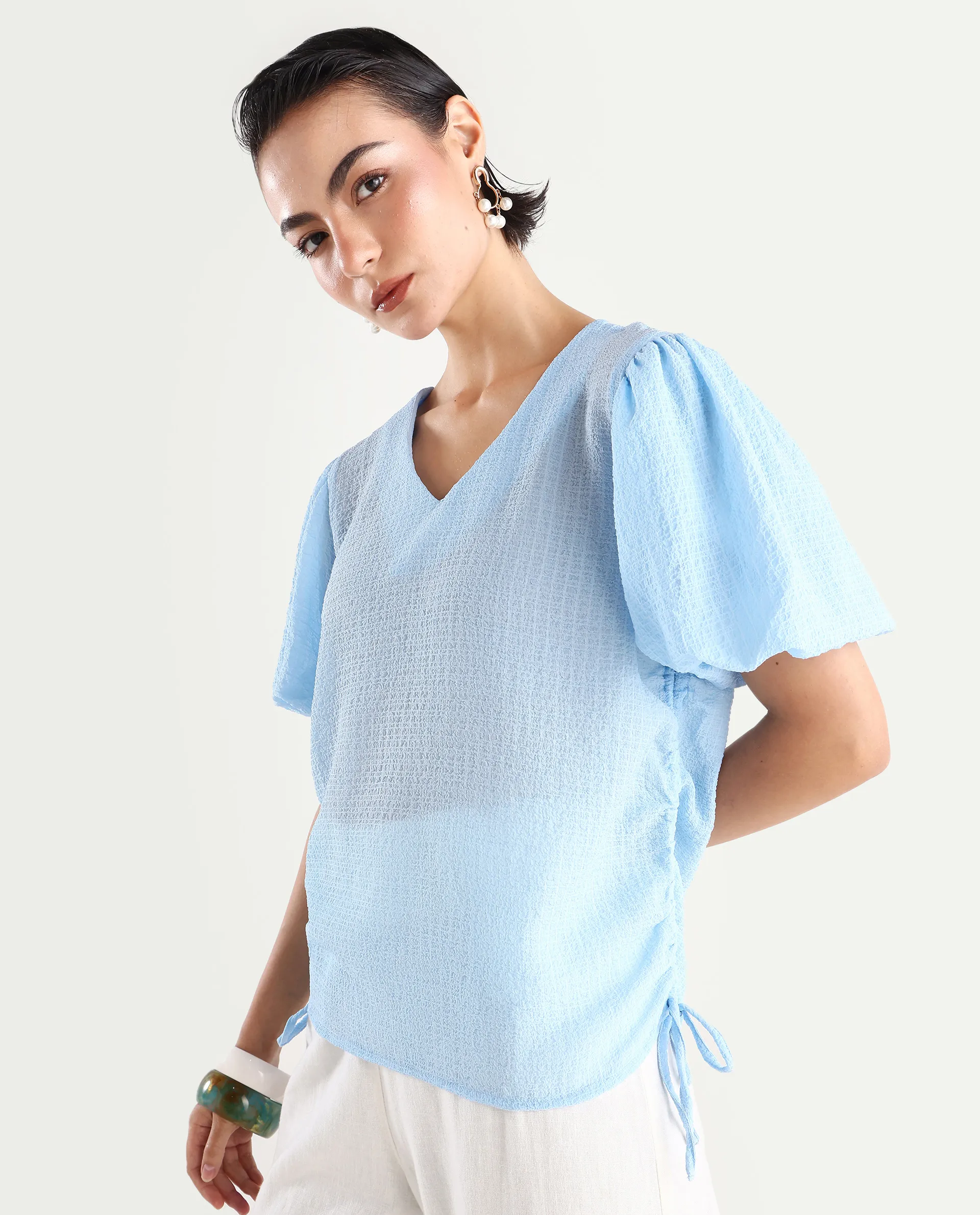 Rareism Women's Krien Light Blue Polyester V-Neck Plain Balloon Sleeve Regular Fit Top - Image 3