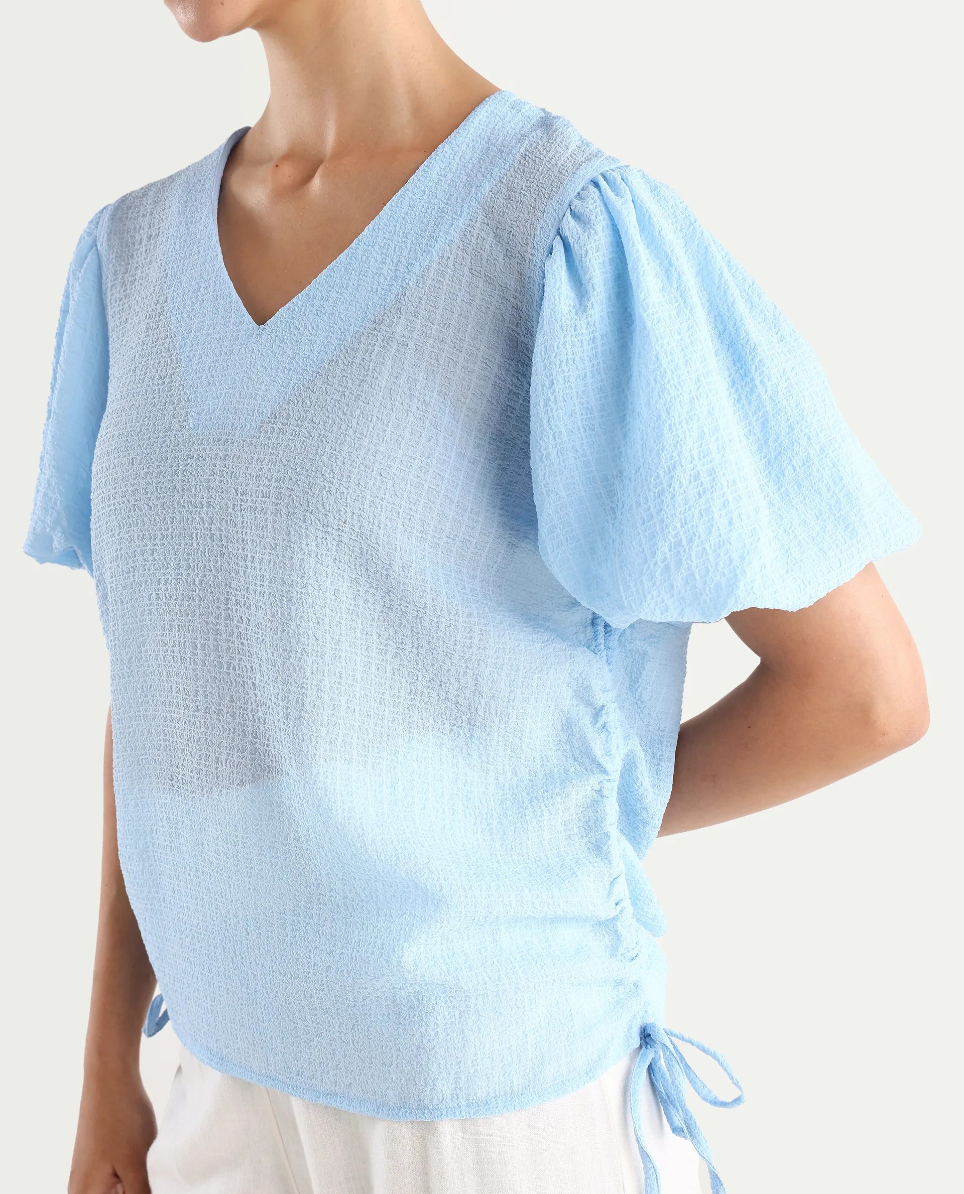 Rareism Women's Krien Light Blue Polyester V-Neck Plain Balloon Sleeve Regular Fit Top - Image 4