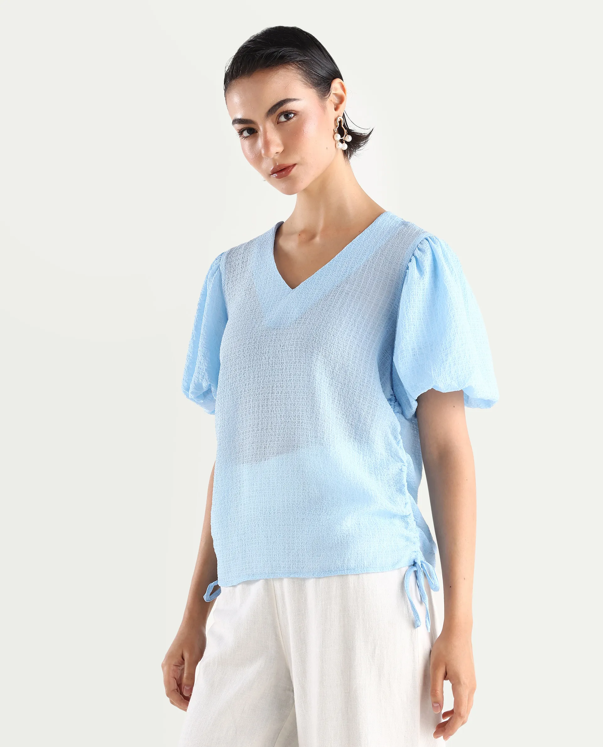 Rareism Women's Krien Light Blue Polyester V-Neck Plain Balloon Sleeve Regular Fit Top - Image 5