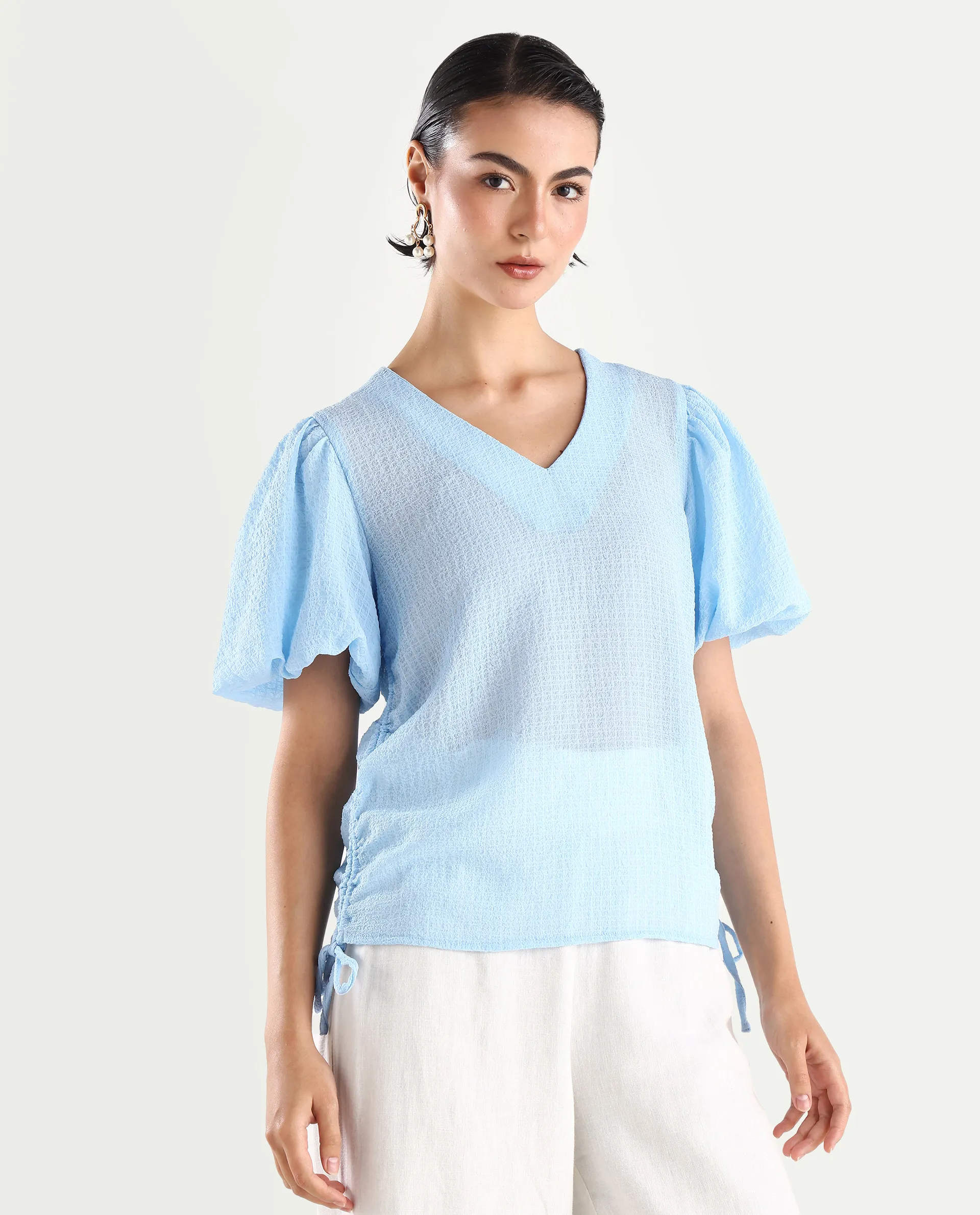 Rareism Women's Krien Light Blue Polyester V-Neck Plain Balloon Sleeve Regular Fit Top - Image 6