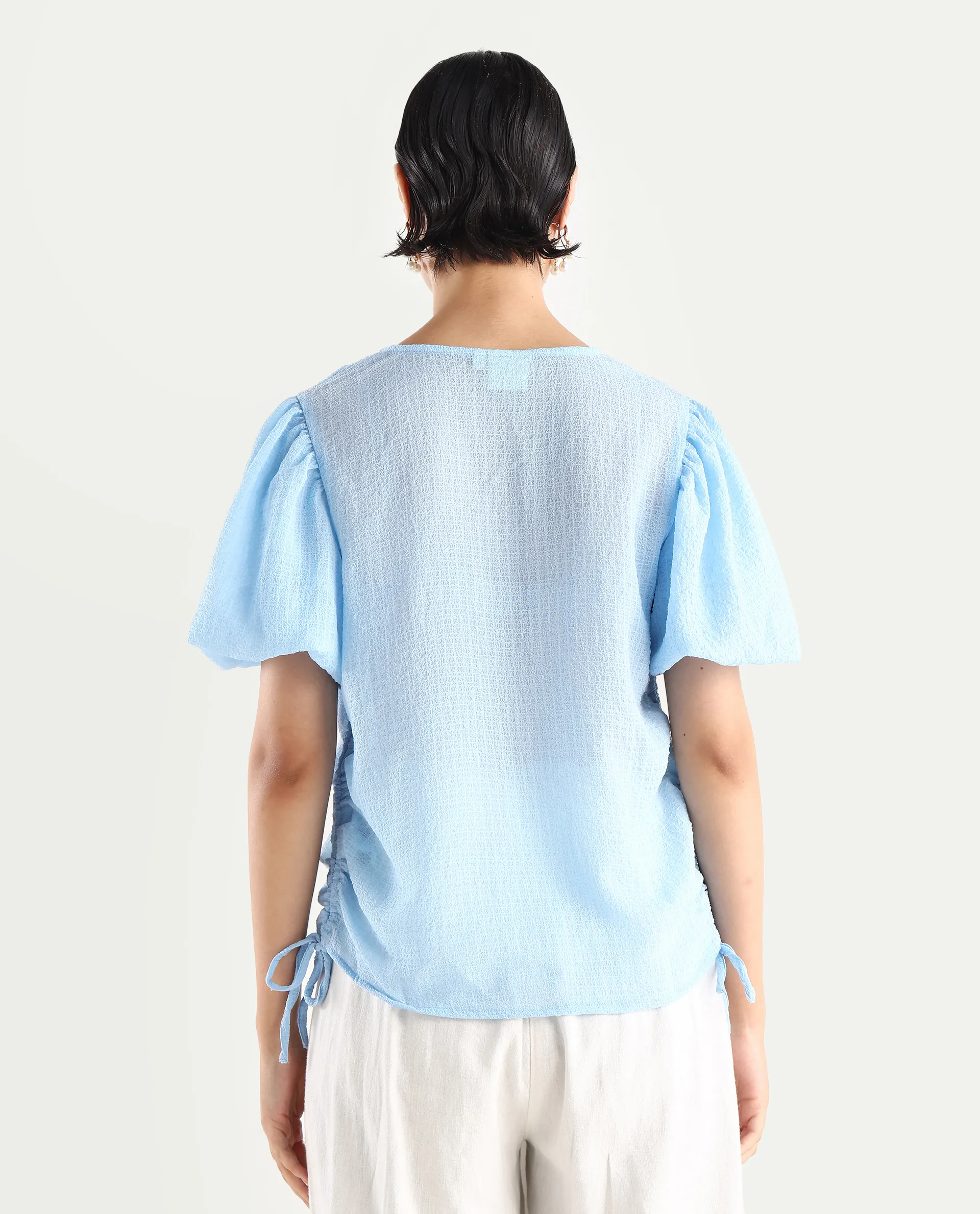 Rareism Women's Krien Light Blue Polyester V-Neck Plain Balloon Sleeve Regular Fit Top - Image 7