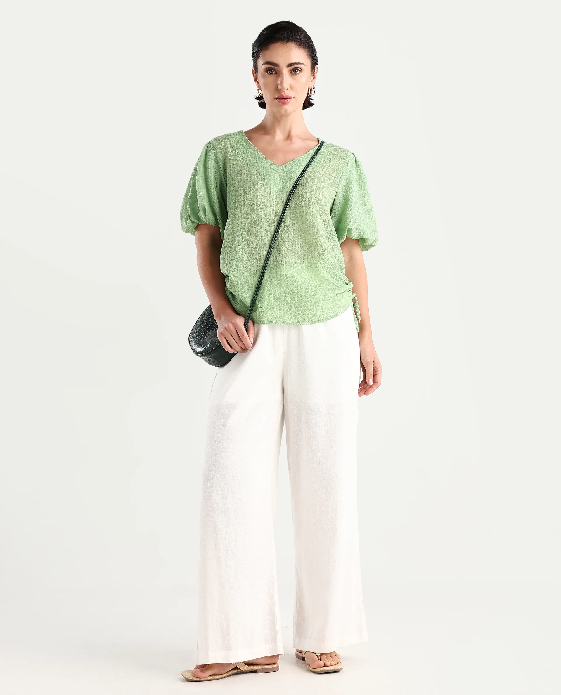 Rareism Women's Krien Light Green Polyester V-Neck Plain Balloon Sleeve Regular Fit Top - Image 2
