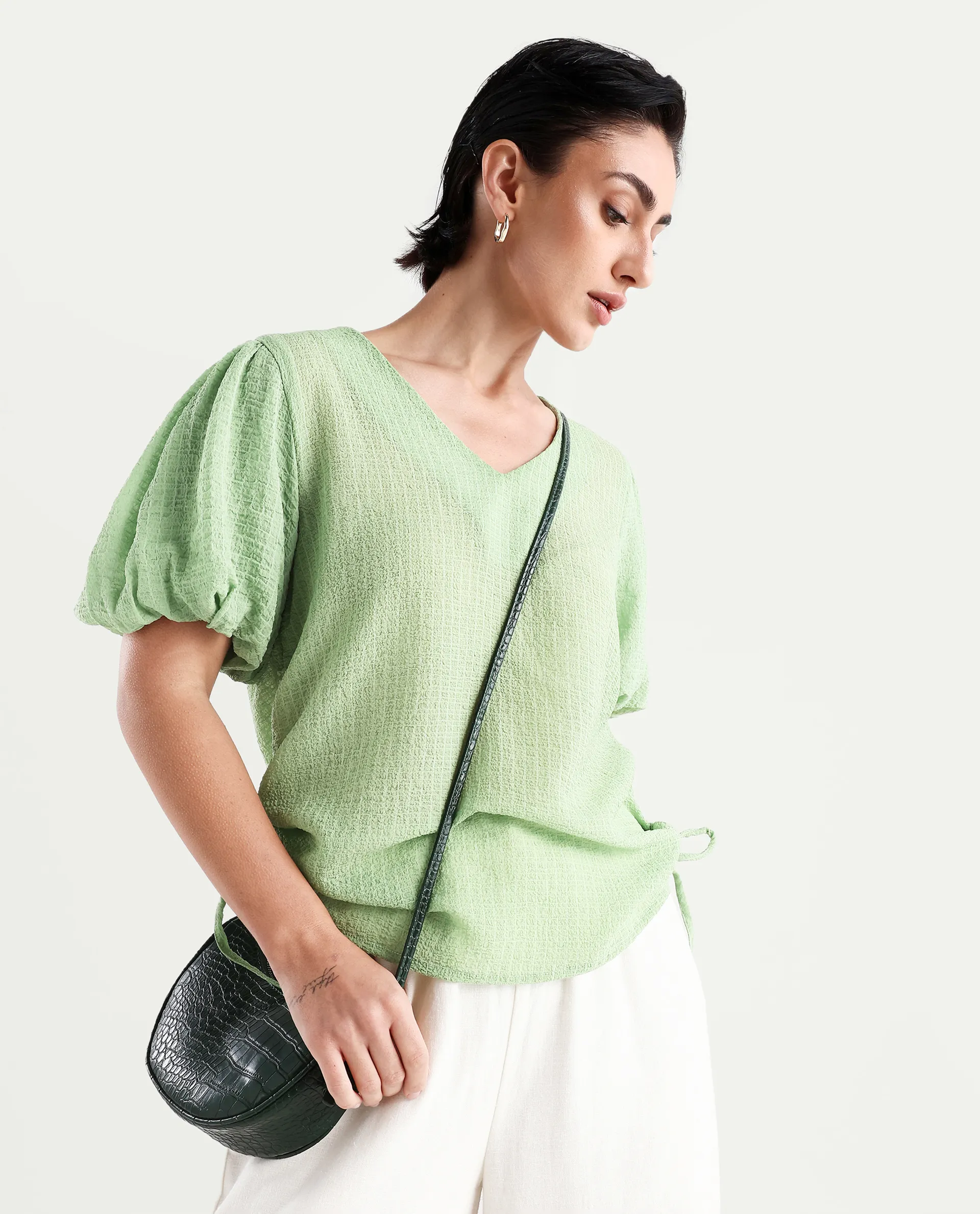 Rareism Women's Krien Light Green Polyester V-Neck Plain Balloon Sleeve Regular Fit Top - Image 3
