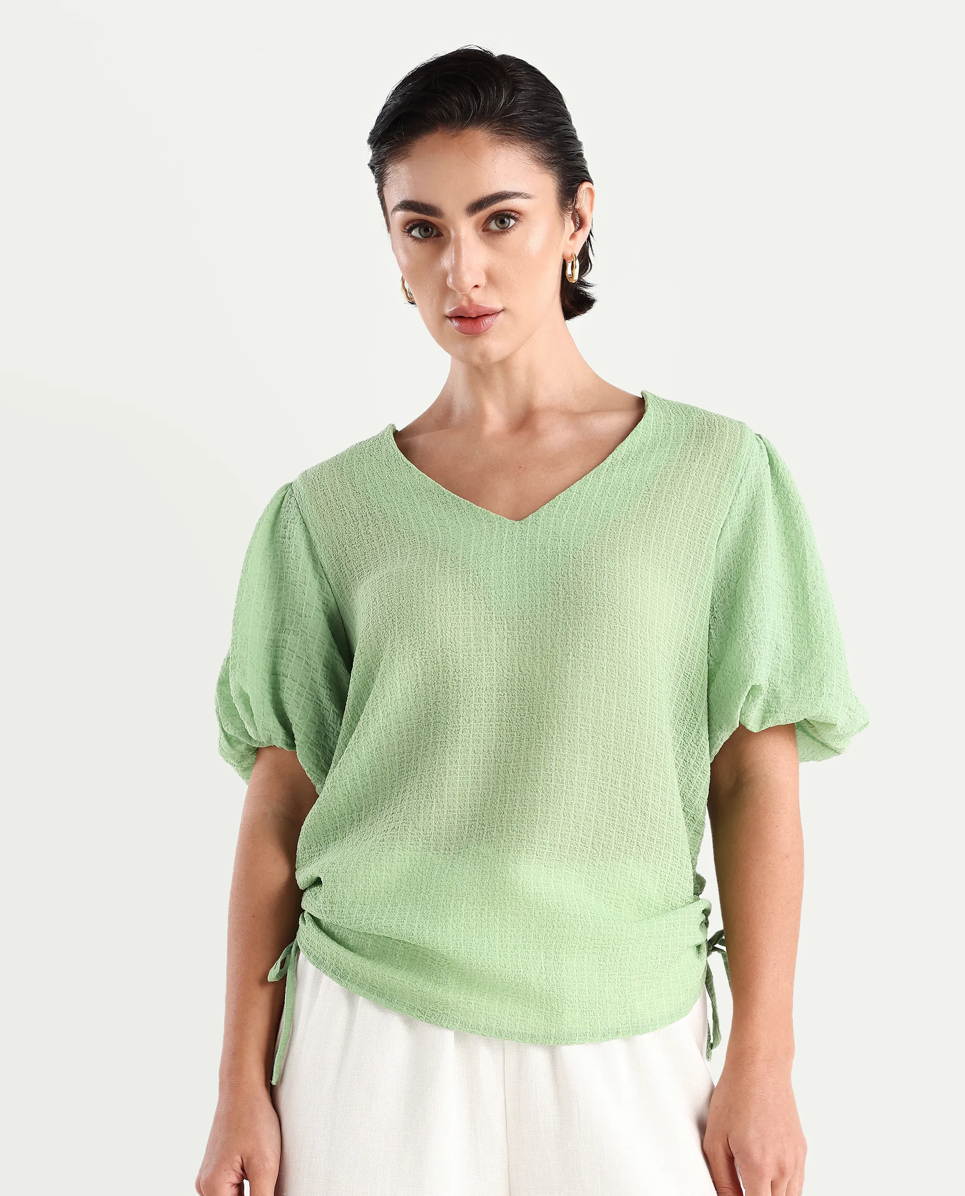 Rareism Women's Krien Light Green Polyester V-Neck Plain Balloon Sleeve Regular Fit Top - Image 4