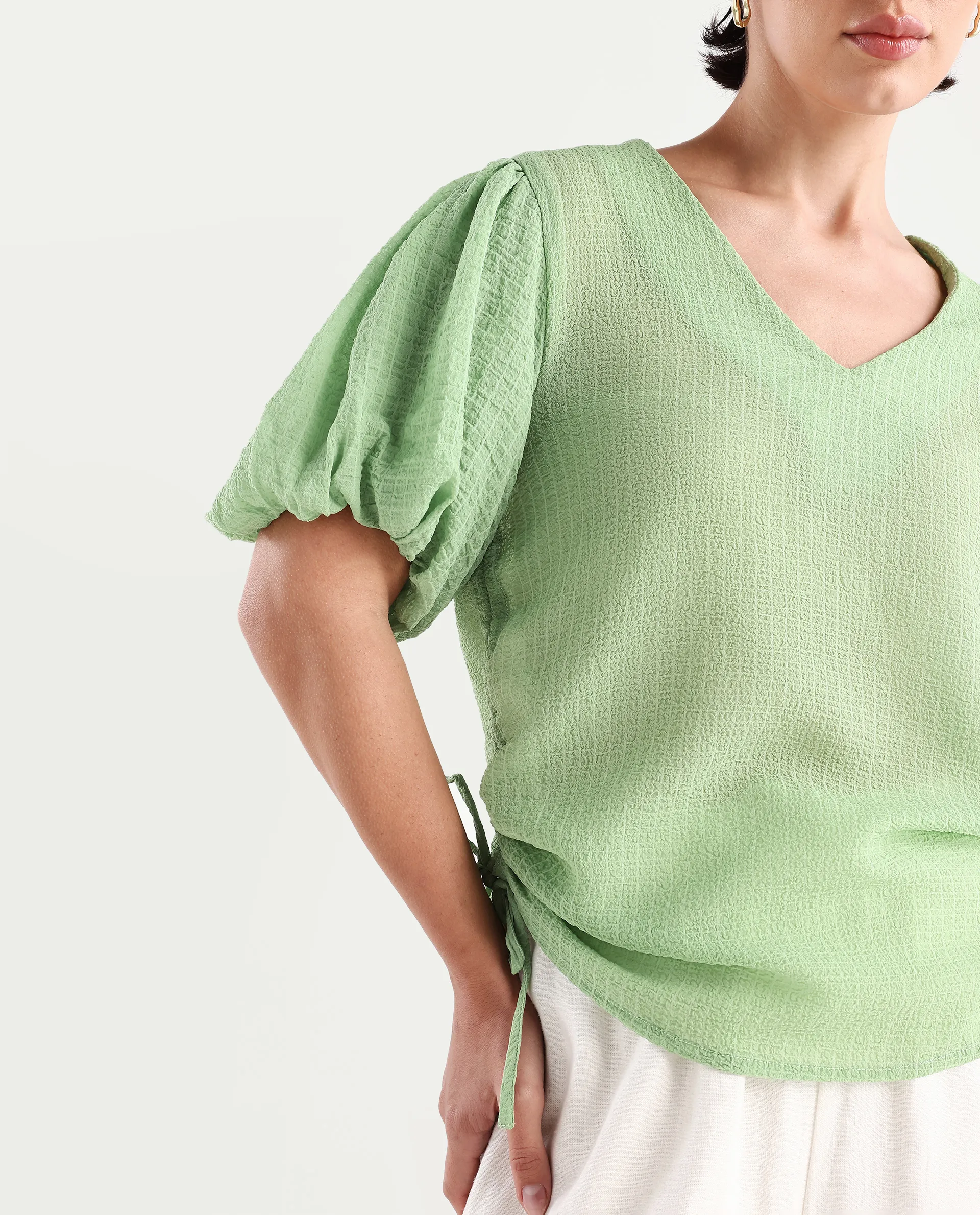 Rareism Women's Krien Light Green Polyester V-Neck Plain Balloon Sleeve Regular Fit Top - Image 5