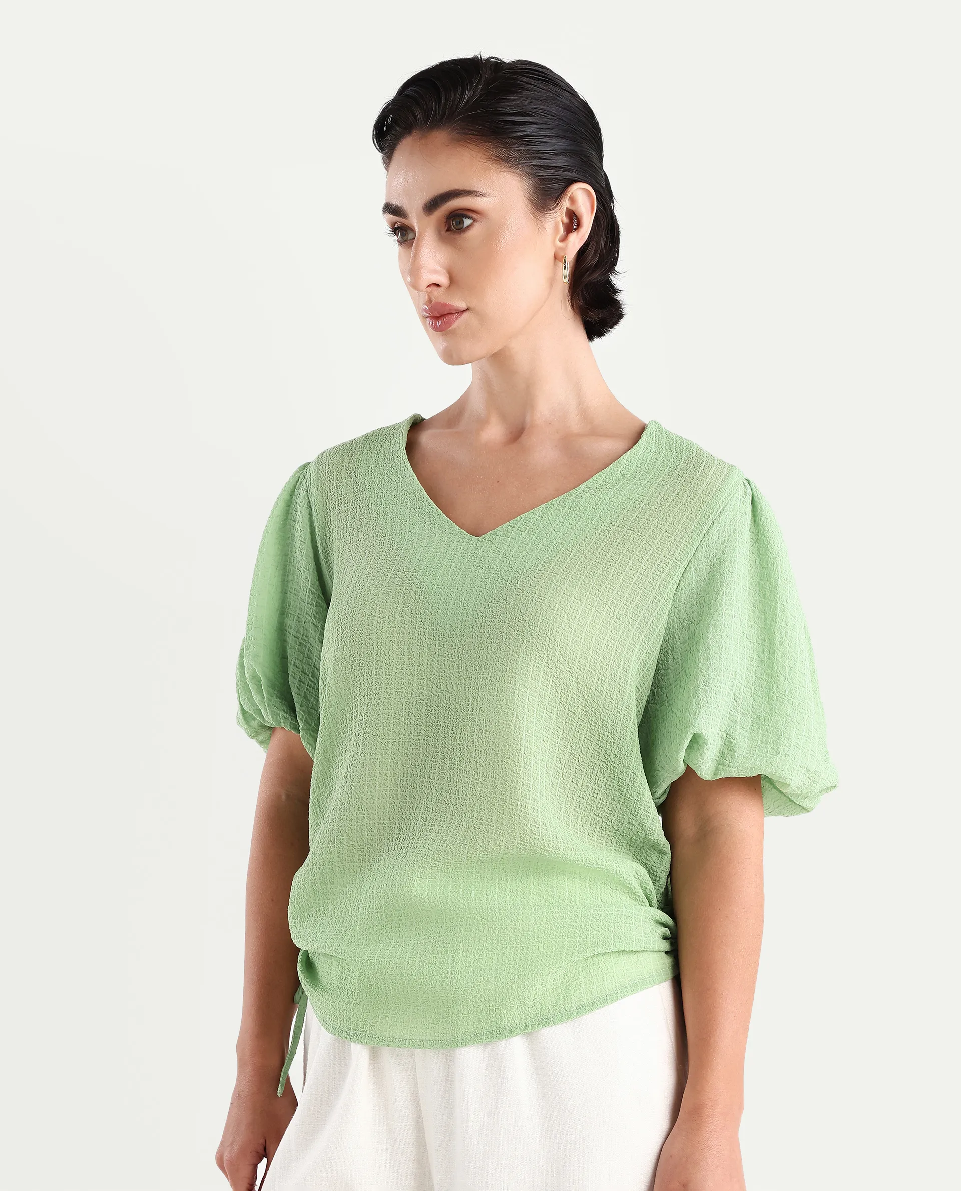 Rareism Women's Krien Light Green Polyester V-Neck Plain Balloon Sleeve Regular Fit Top - Image 6