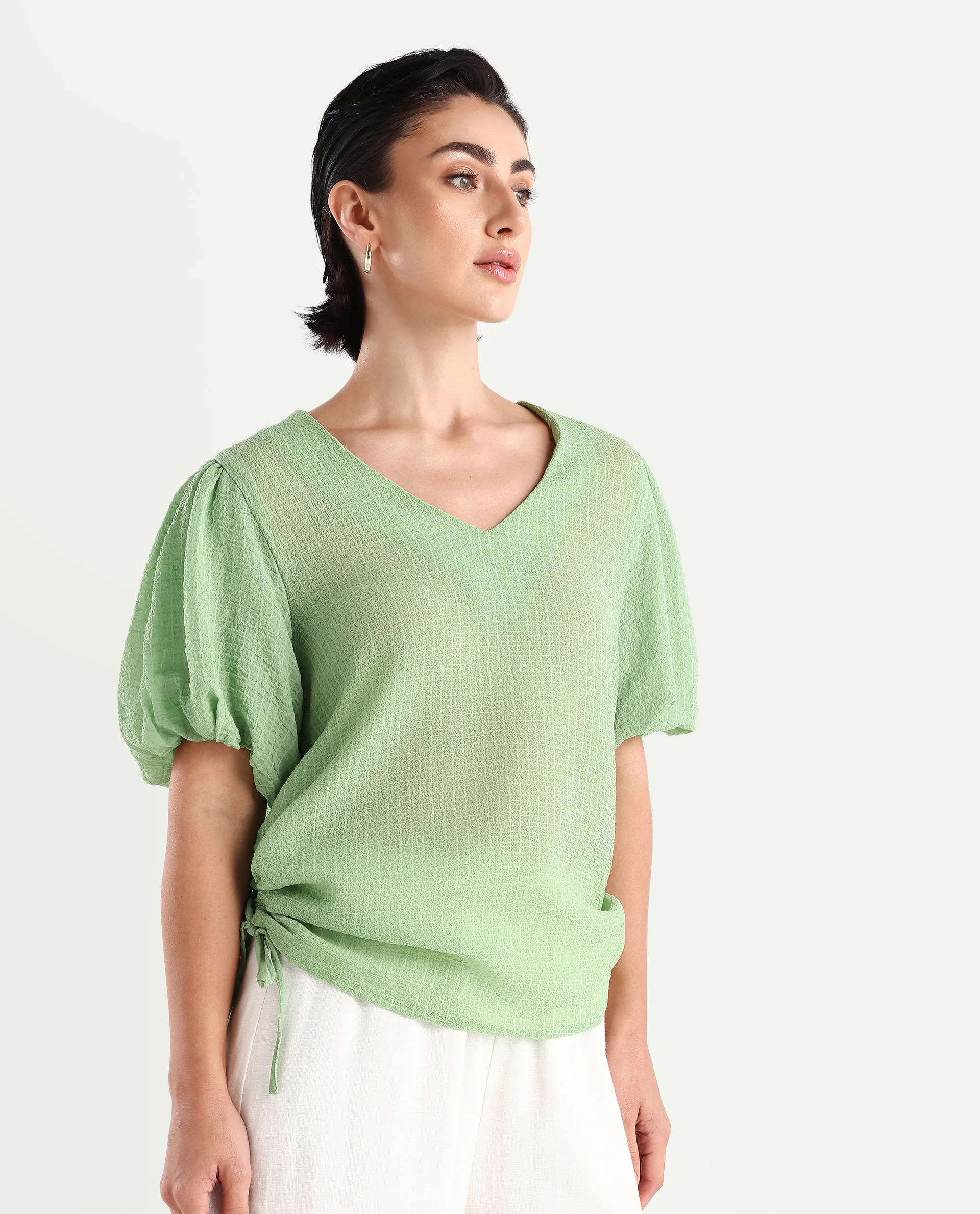 Rareism Women's Krien Light Green Polyester V-Neck Plain Balloon Sleeve Regular Fit Top - Image 7
