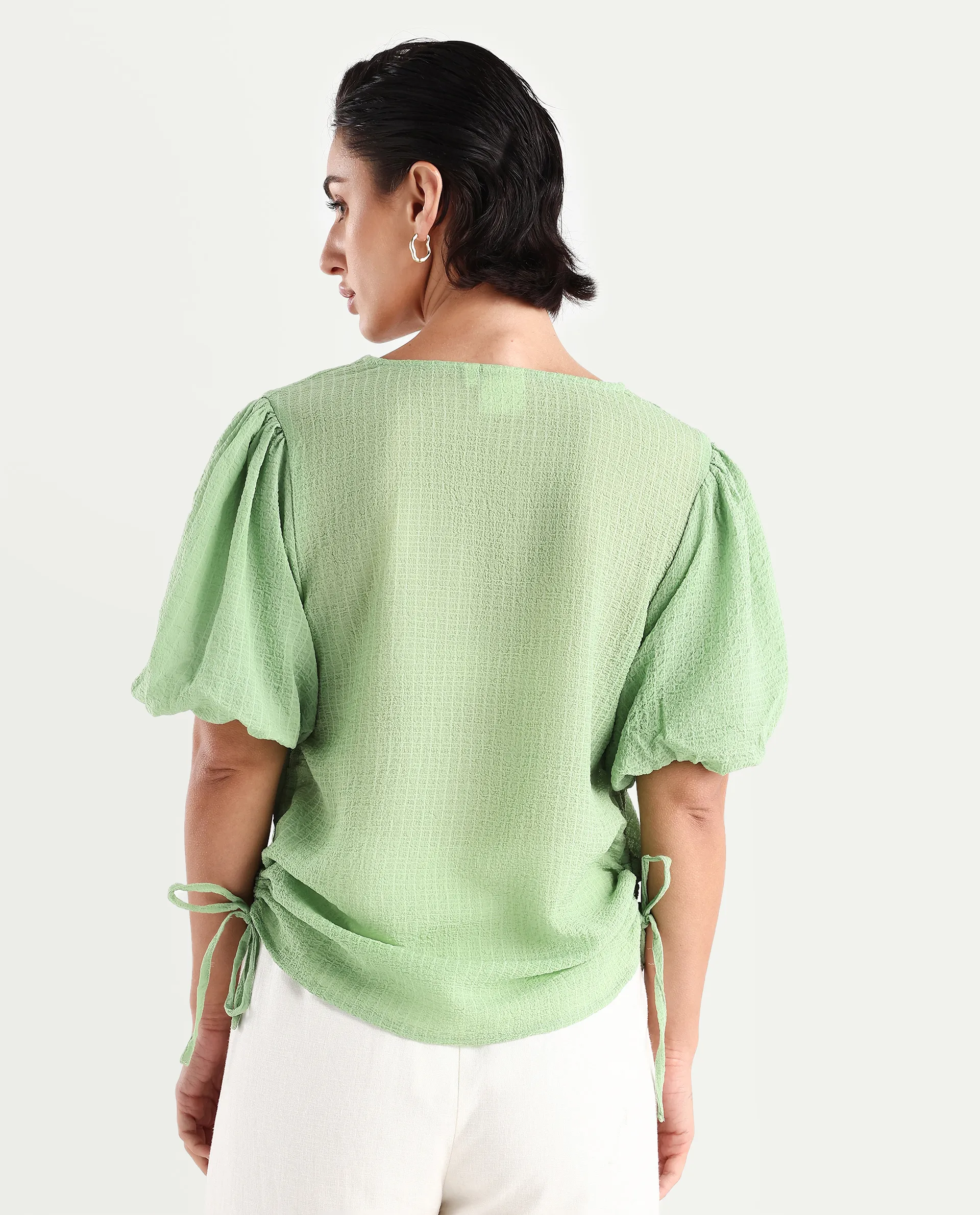 Rareism Women's Krien Light Green Polyester V-Neck Plain Balloon Sleeve Regular Fit Top - Image 8