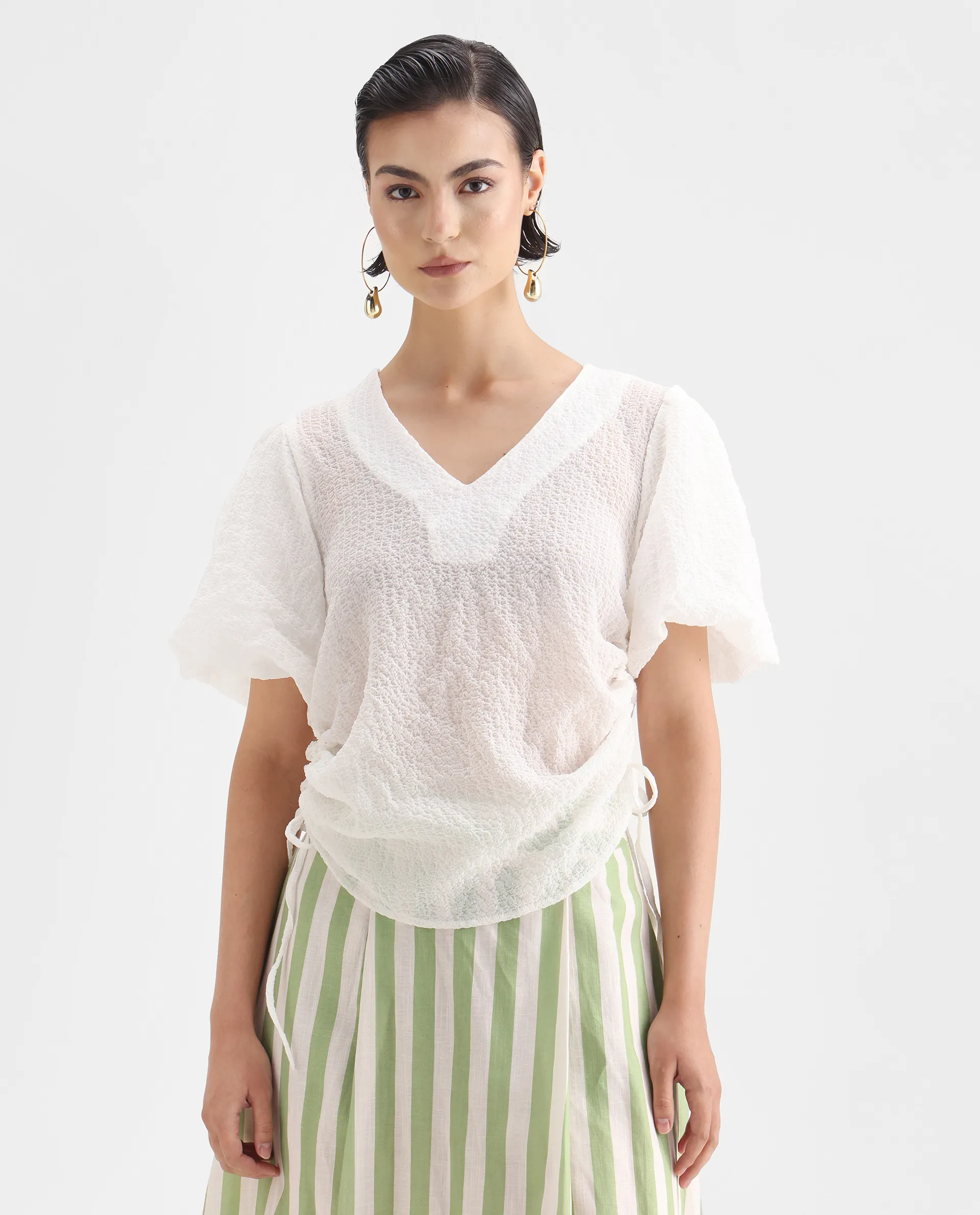 Rareism Women's Krien White Polyester V-Neck Plain Balloon Sleeve Regular Fit Top - Image 3