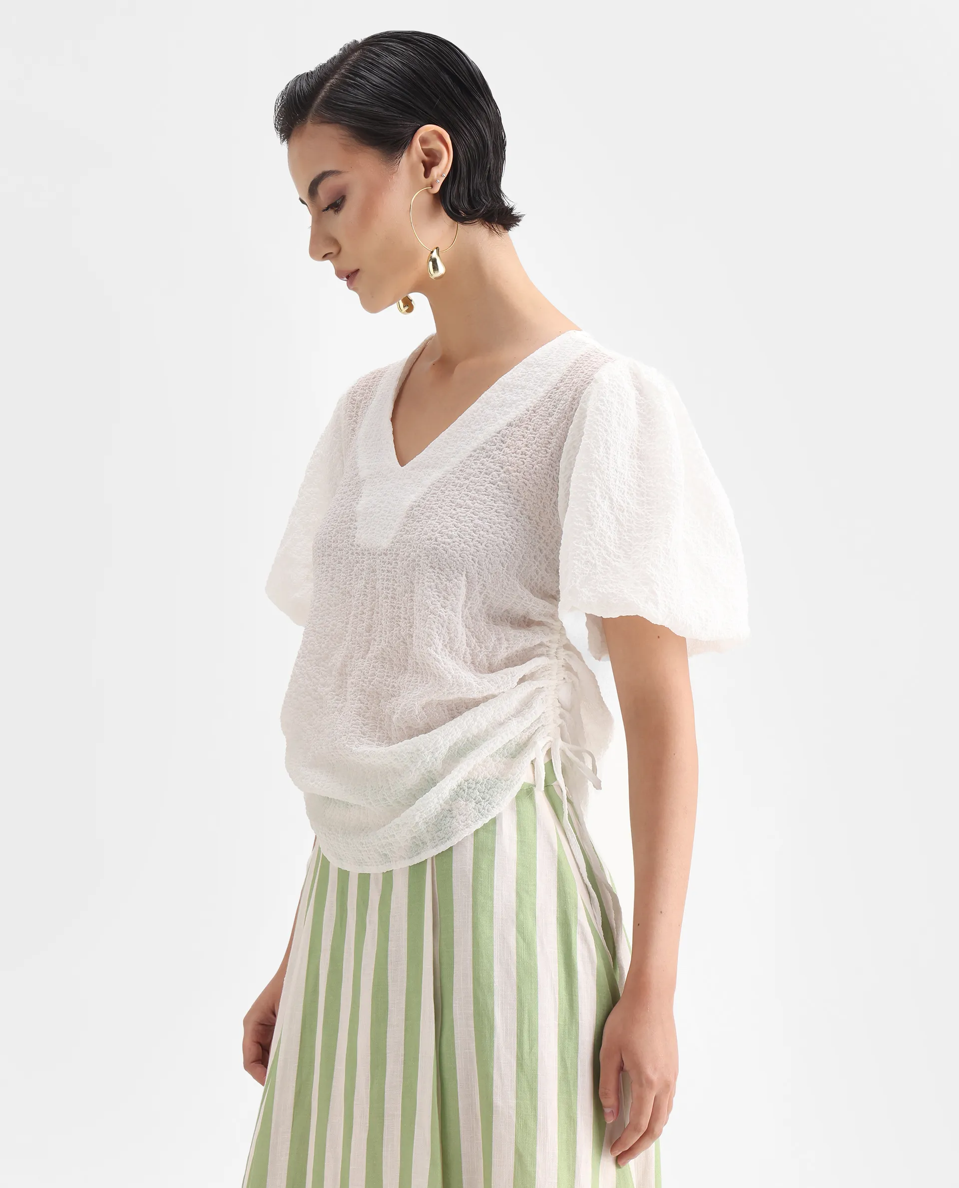 Rareism Women's Krien White Polyester V-Neck Plain Balloon Sleeve Regular Fit Top - Image 5