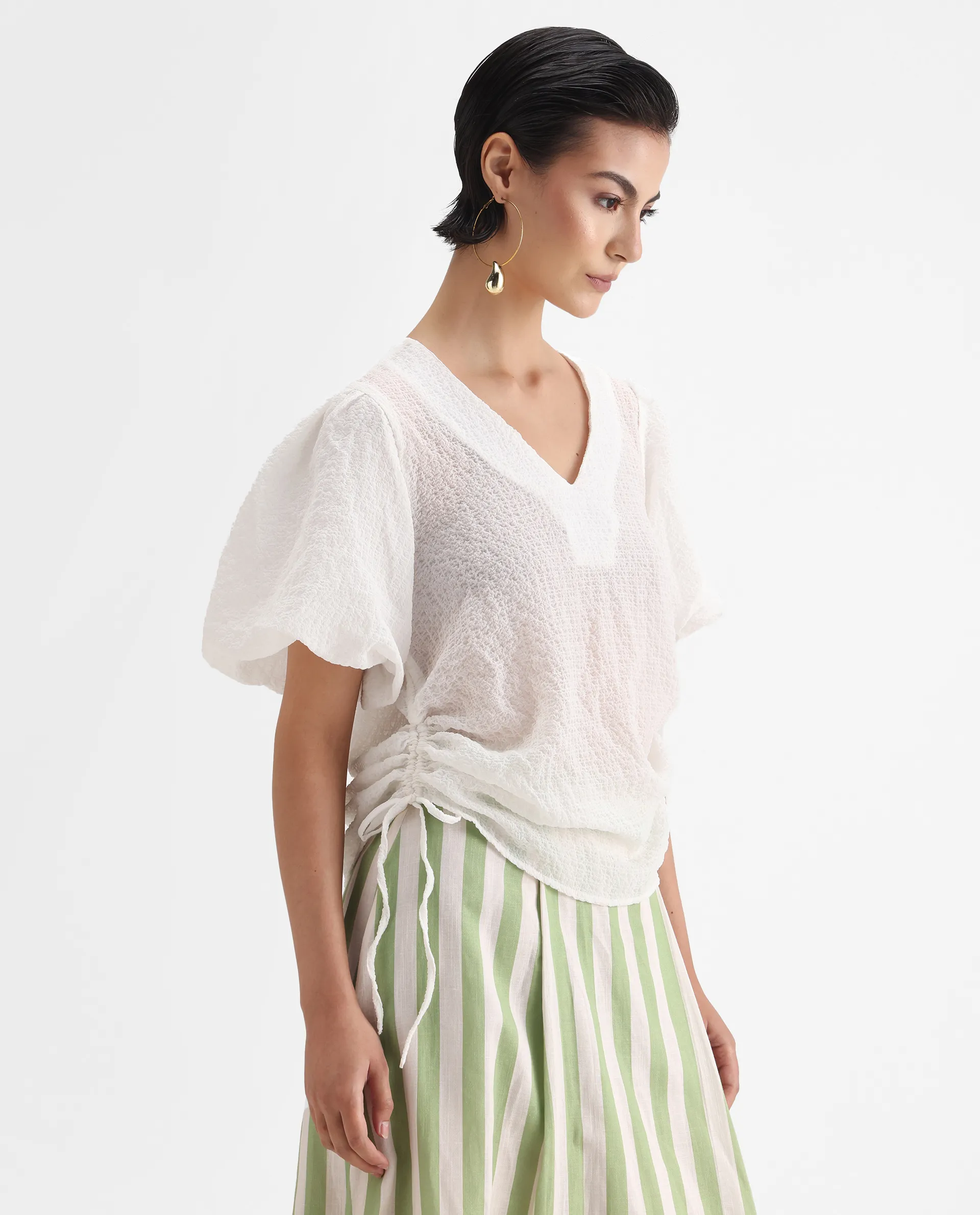 Rareism Women's Krien White Polyester V-Neck Plain Balloon Sleeve Regular Fit Top - Image 6