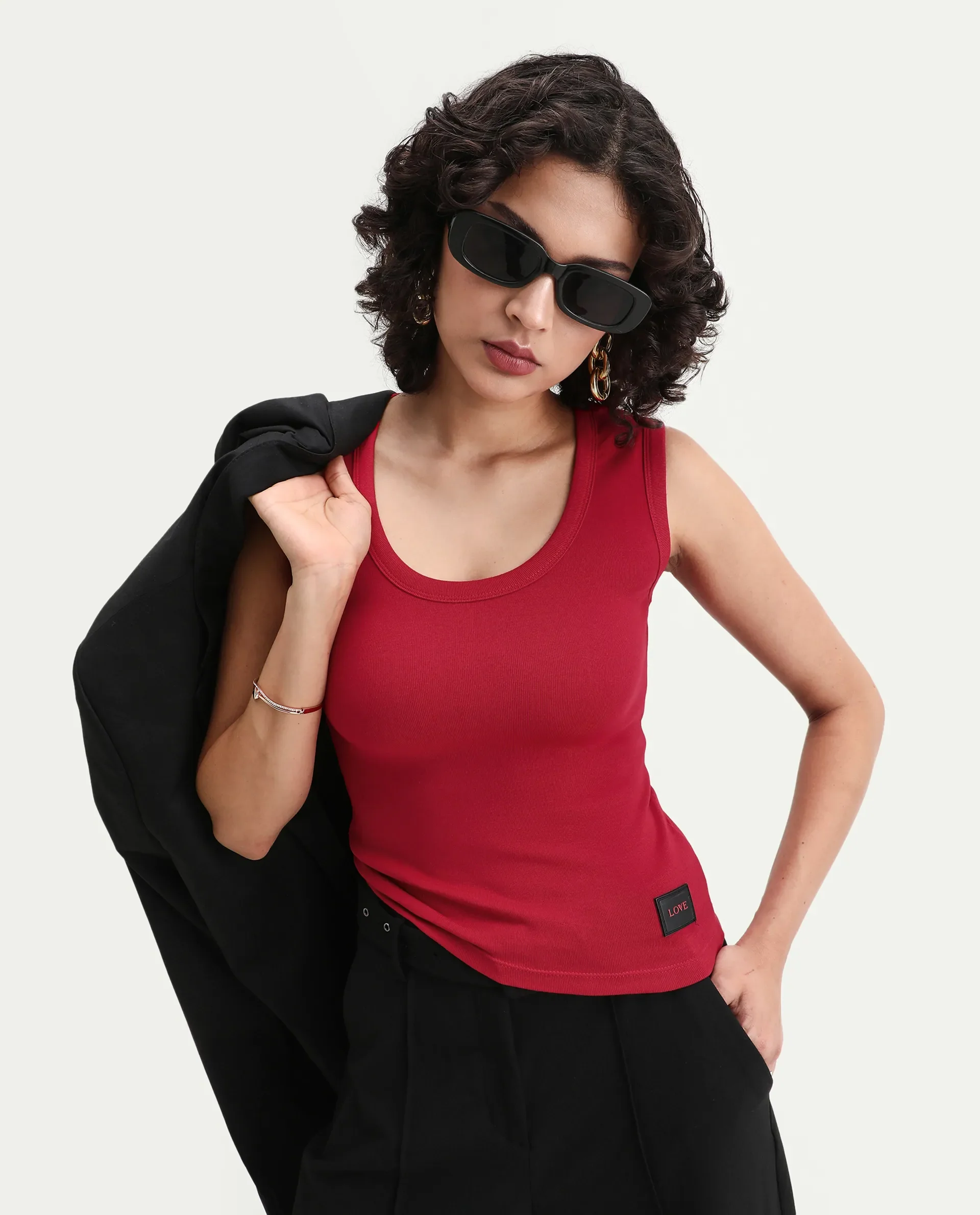 Rareism Women's Krip Red Cotton Boat Neck Plain Sleeveless Regular Fit T-Shirt