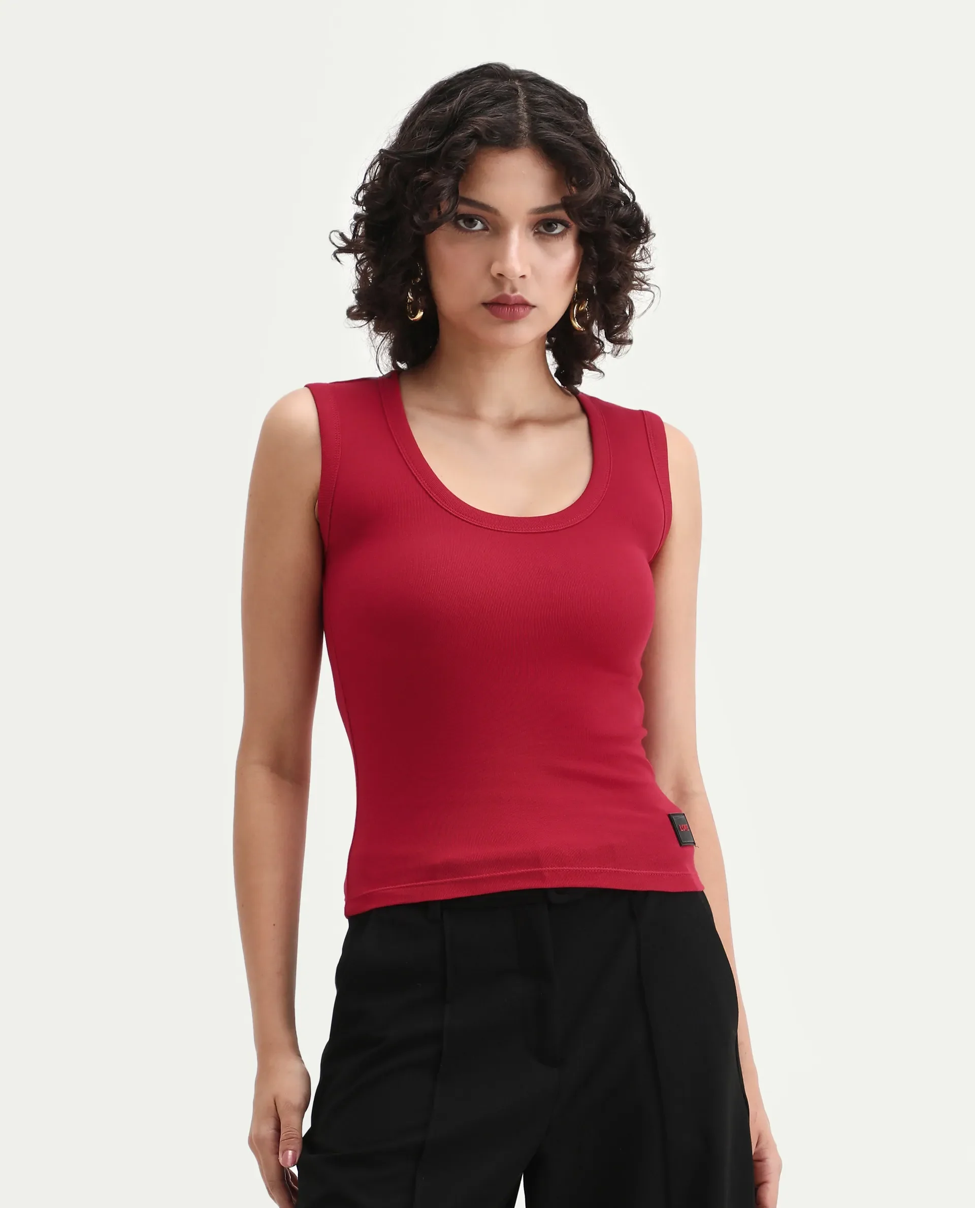 Rareism Women's Krip Red Cotton Boat Neck Plain Sleeveless Regular Fit T-Shirt - Image 3