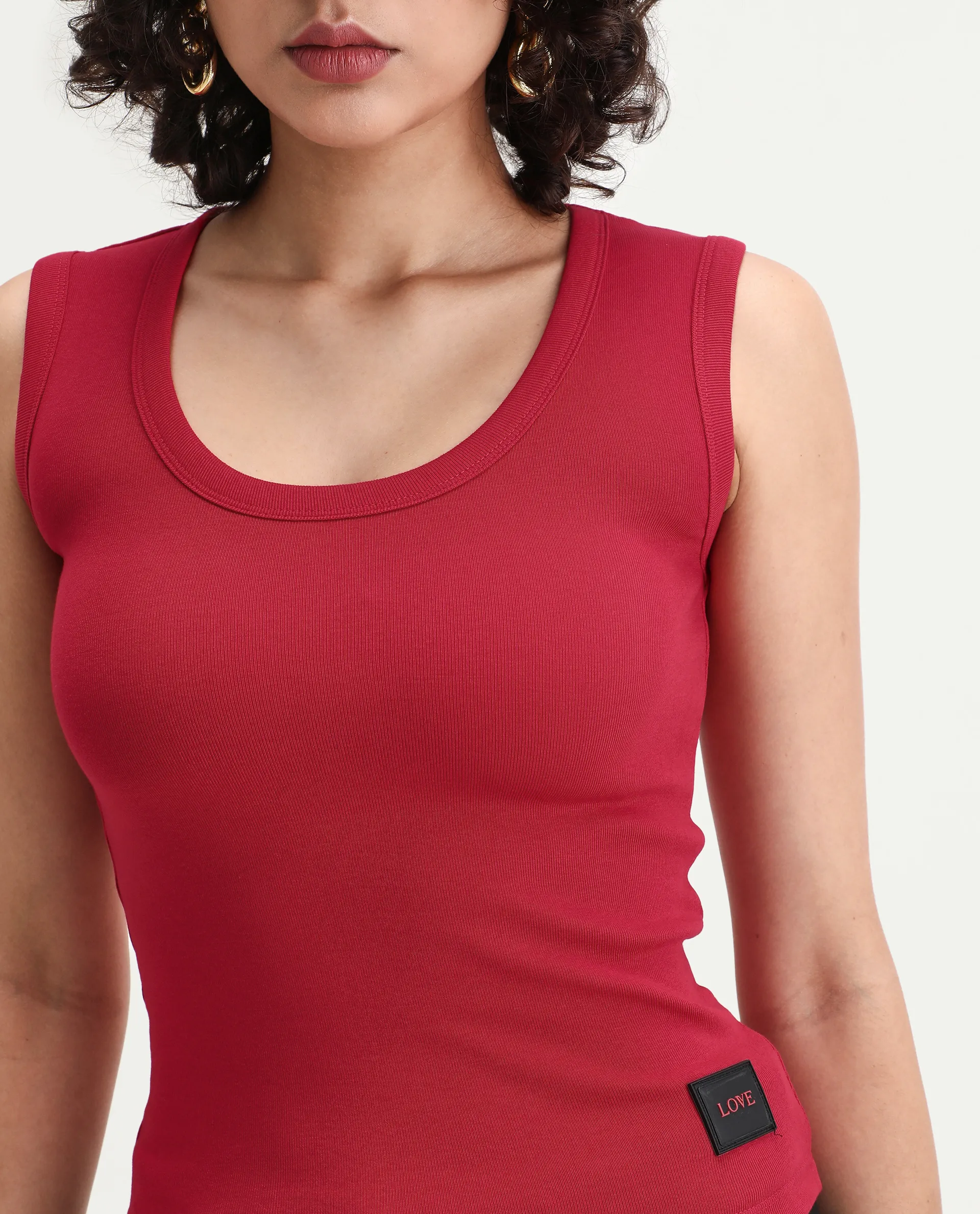 Rareism Women's Krip Red Cotton Boat Neck Plain Sleeveless Regular Fit T-Shirt - Image 4