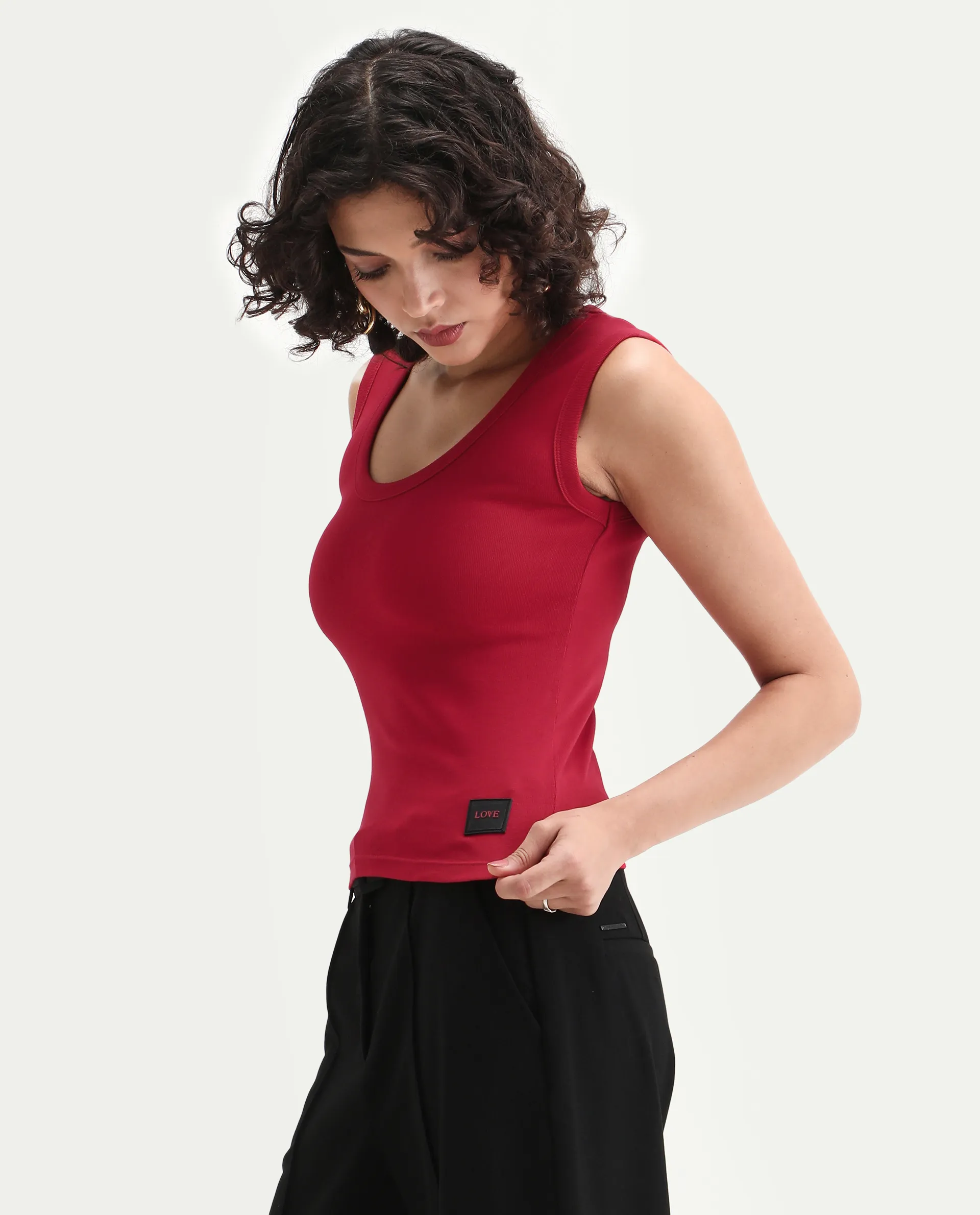Rareism Women's Krip Red Cotton Boat Neck Plain Sleeveless Regular Fit T-Shirt - Image 6