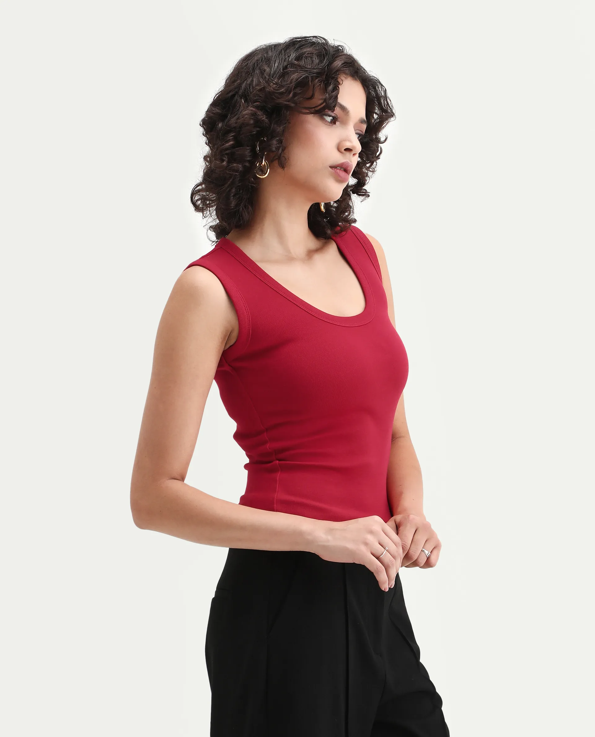Rareism Women's Krip Red Cotton Boat Neck Plain Sleeveless Regular Fit T-Shirt - Image 7