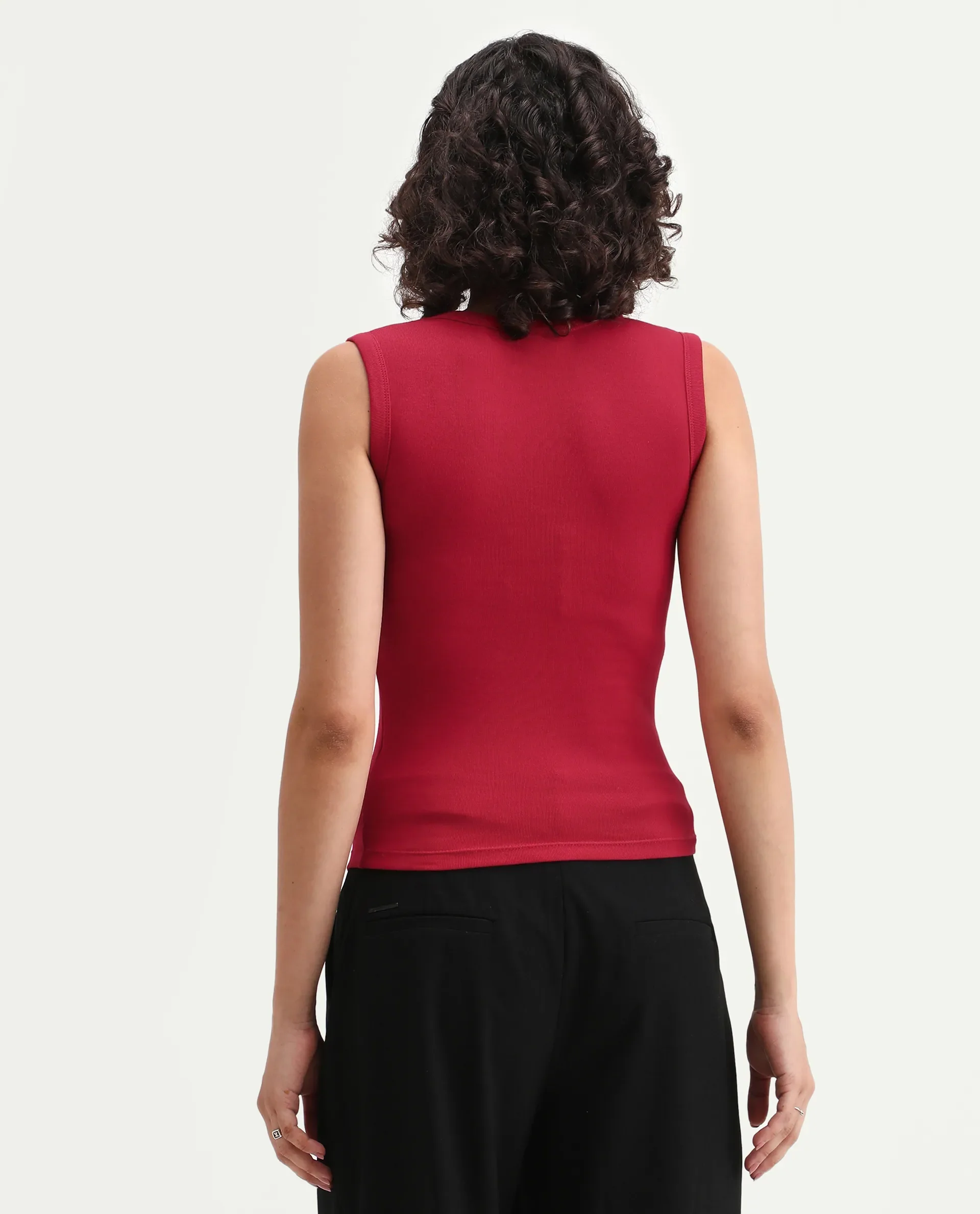 Rareism Women's Krip Red Cotton Boat Neck Plain Sleeveless Regular Fit T-Shirt - Image 8