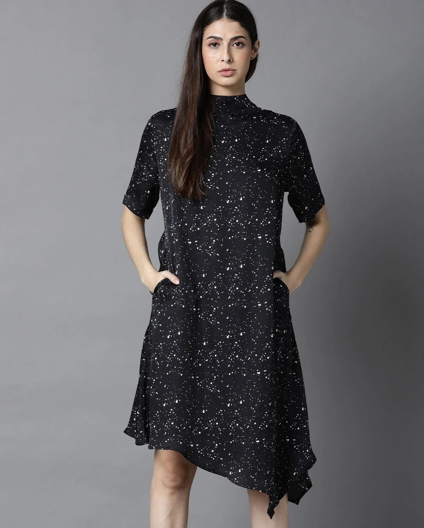 Rareism Women Kris Black Dress Short Sleeves Printed