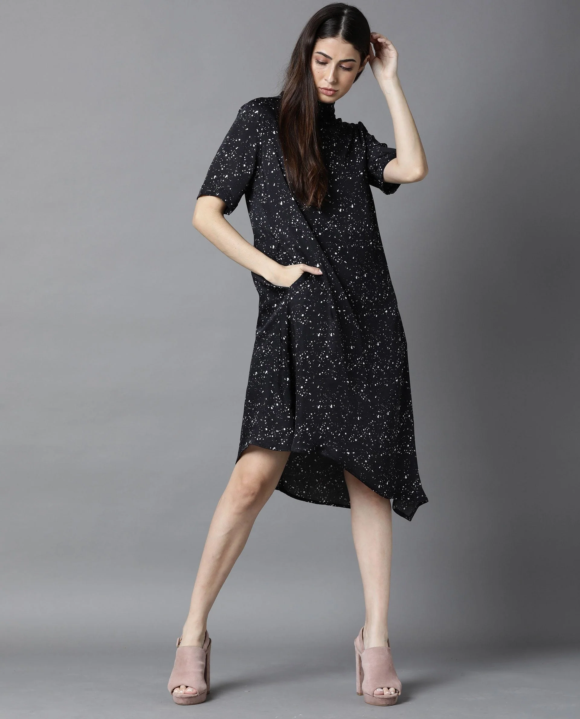 Rareism Women Kris Black Dress Short Sleeves Printed - Image 2