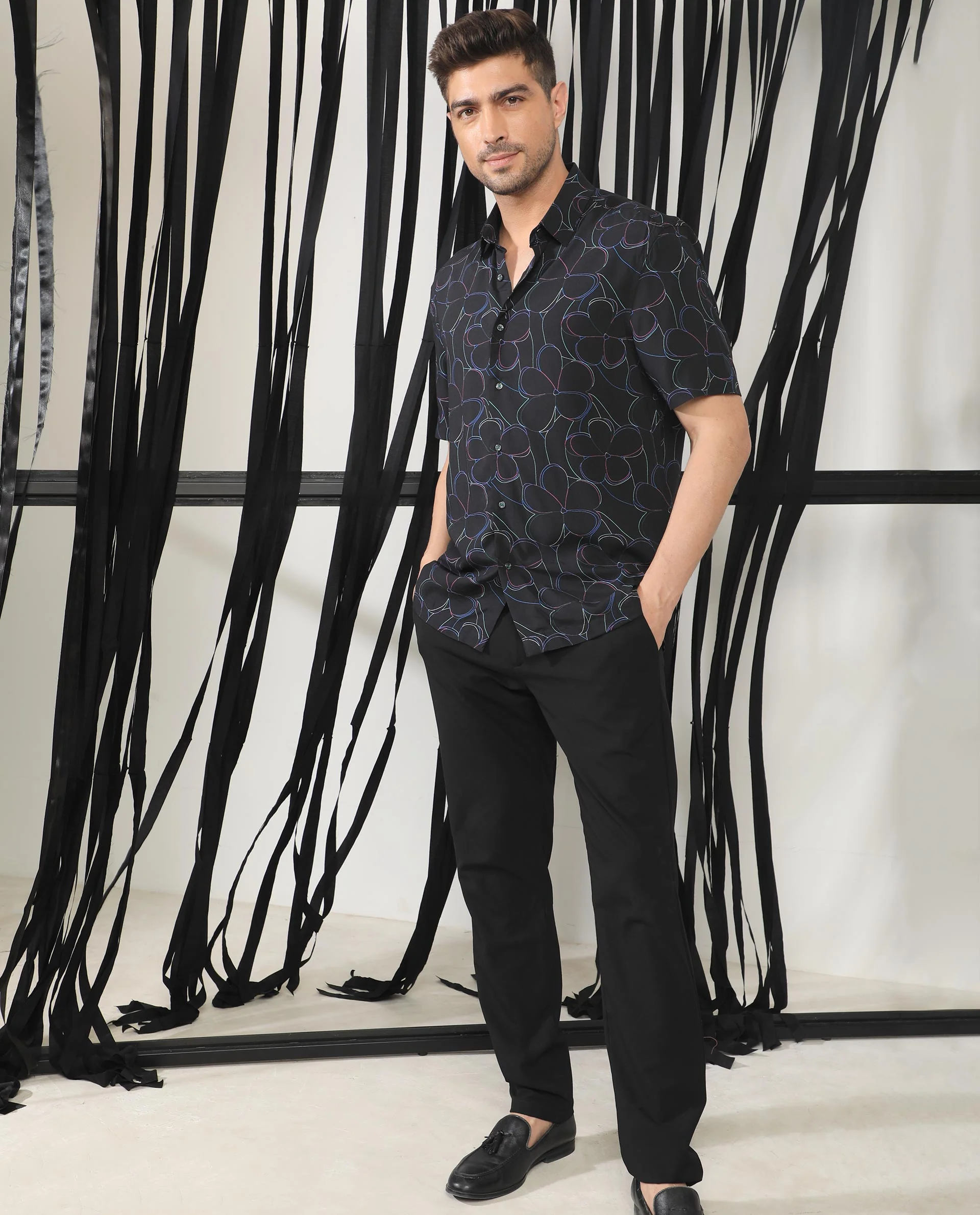 Rare Rabbit Men's Kris Black Floral Print Regular Fit Half Sleeve Collared Shirt - Image 2