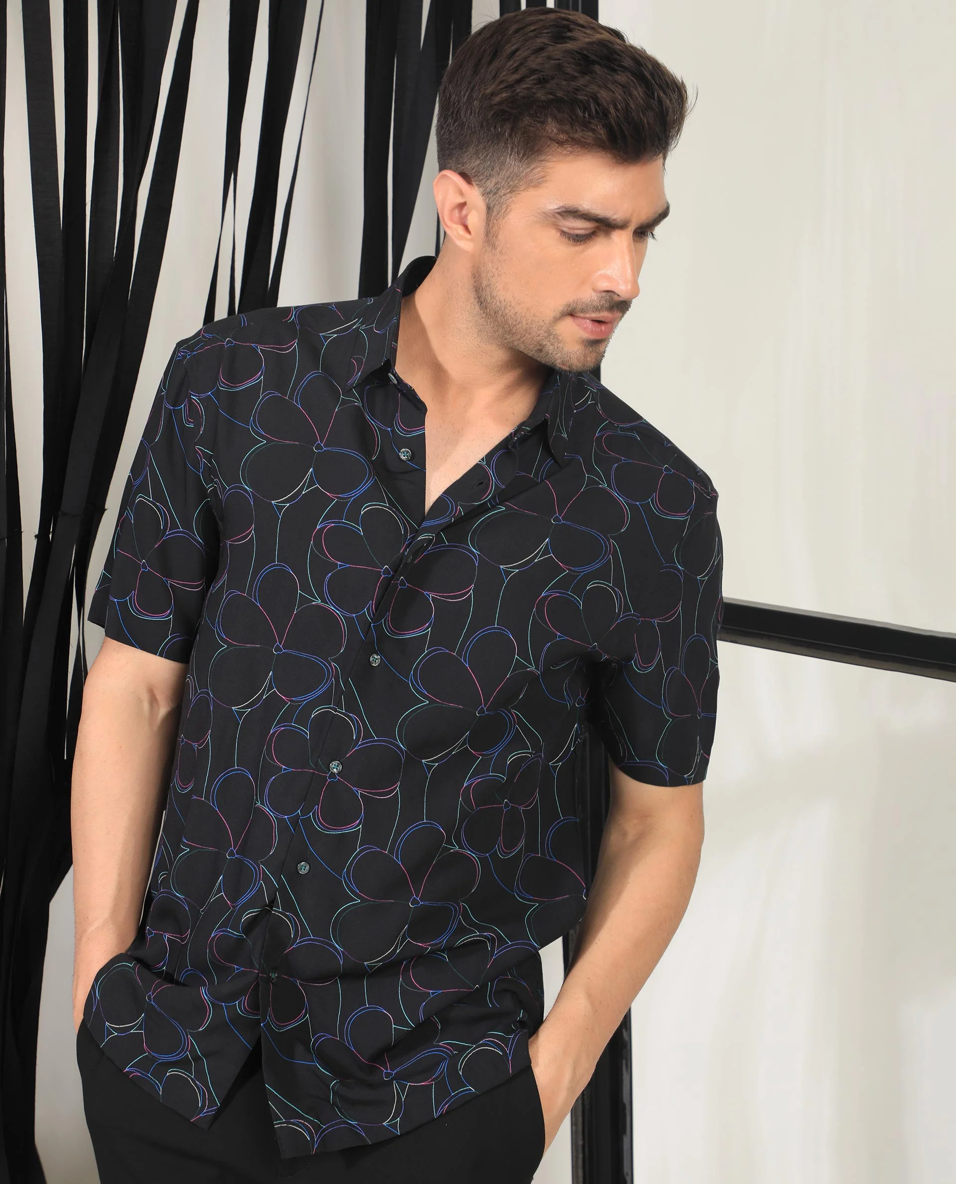 Rare Rabbit Men's Kris Black Floral Print Regular Fit Half Sleeve Collared Shirt - Image 3