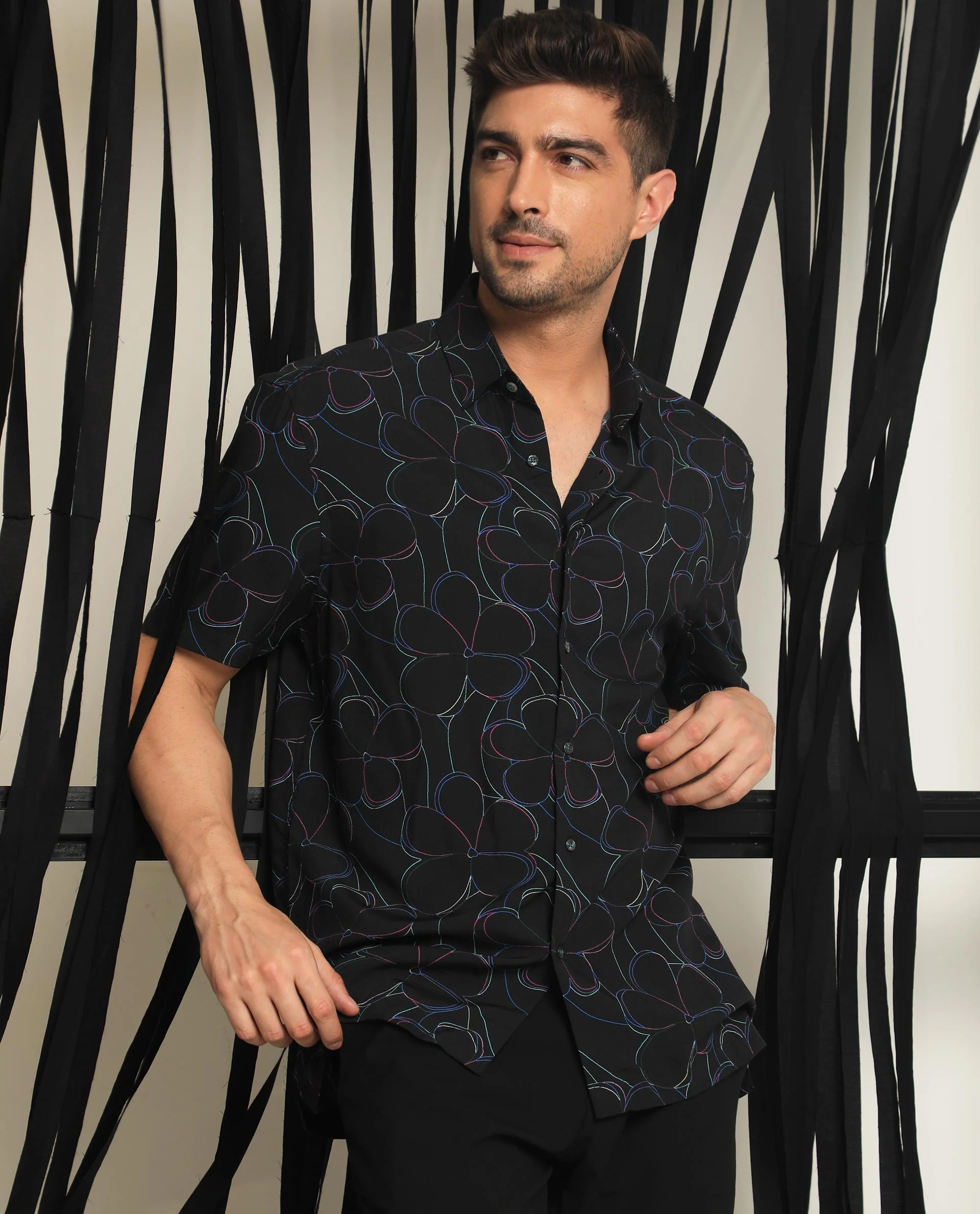 Rare Rabbit Men's Kris Black Floral Print Regular Fit Half Sleeve Collared Shirt - Image 4