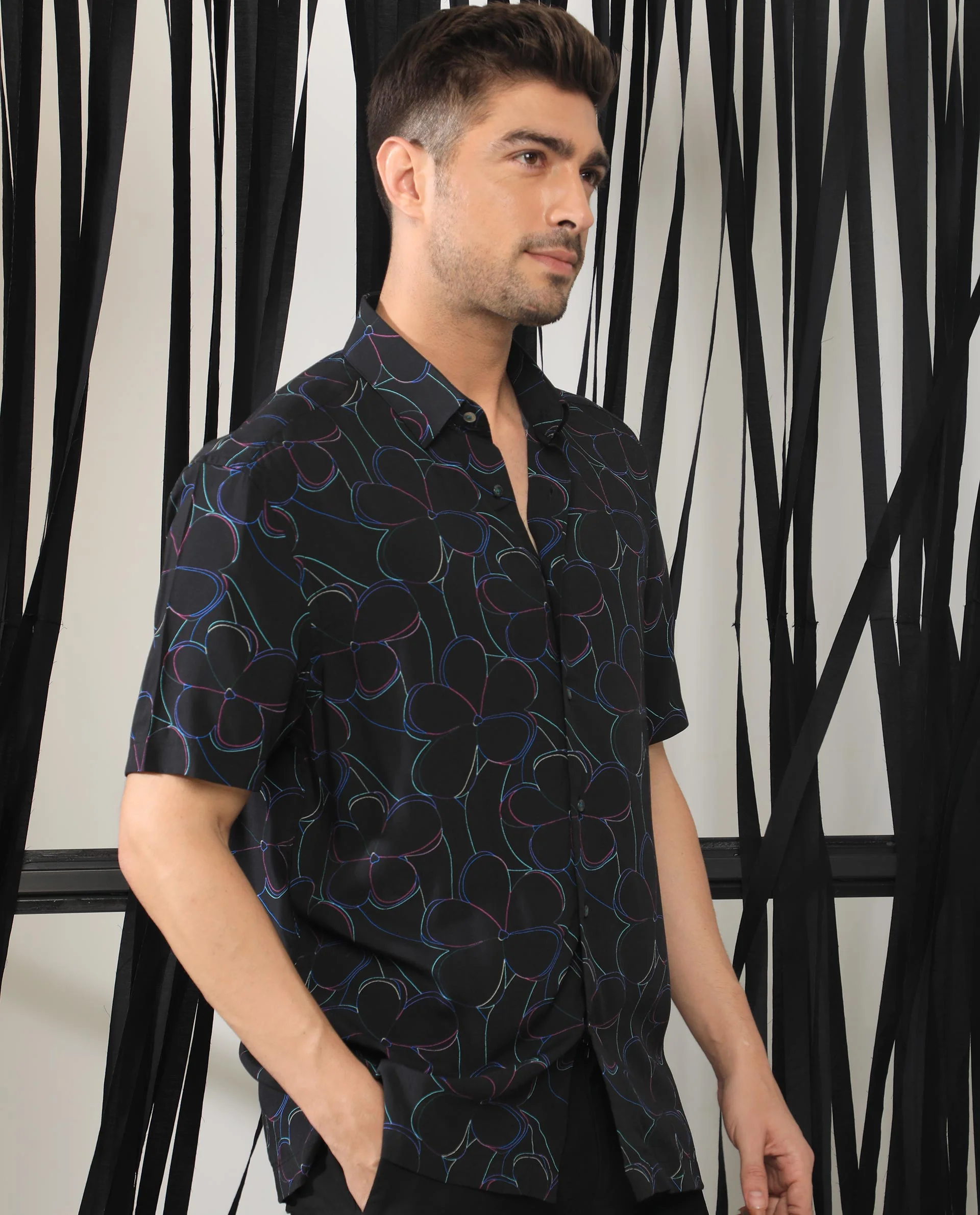 Rare Rabbit Men's Kris Black Floral Print Regular Fit Half Sleeve Collared Shirt - Image 5