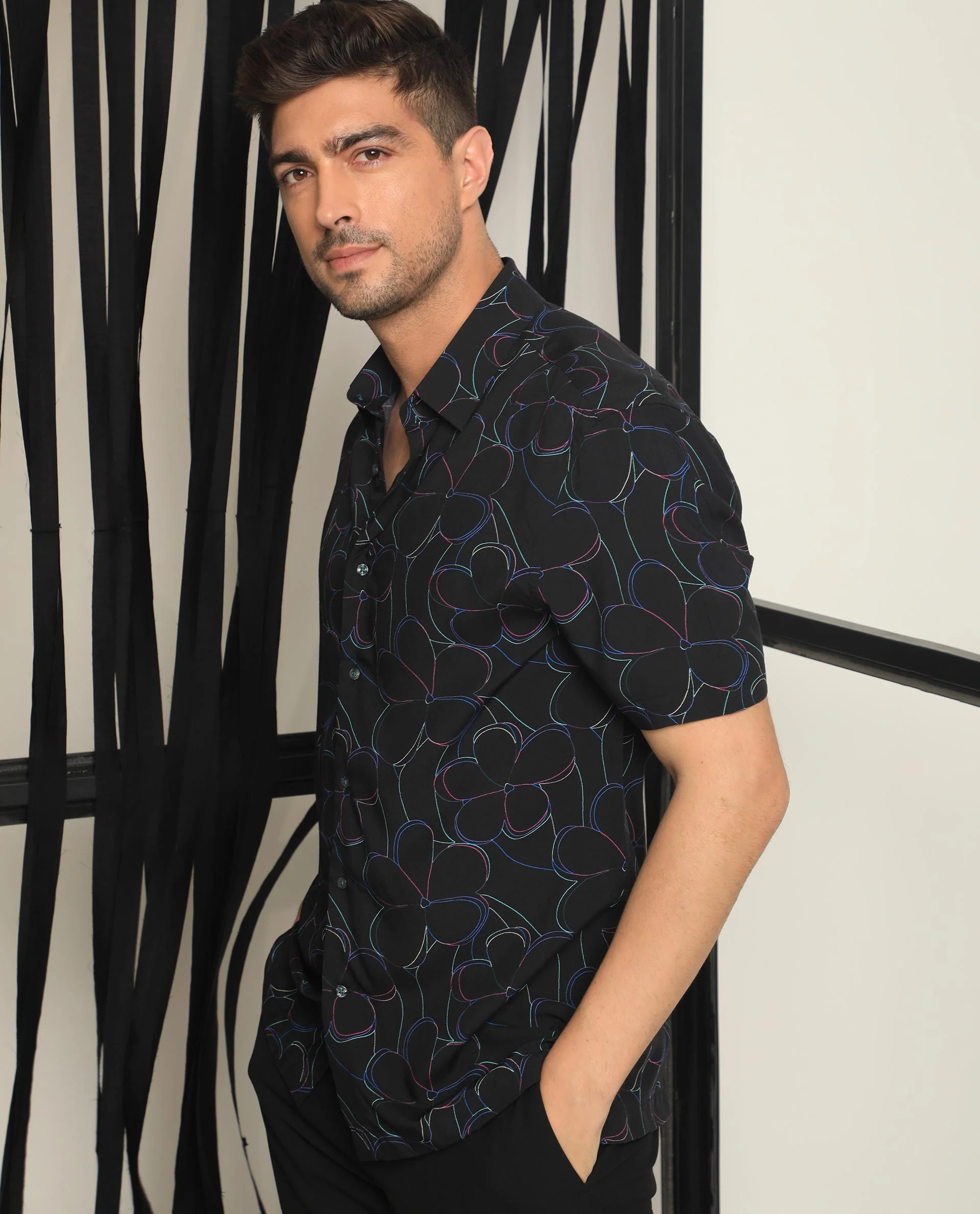 Rare Rabbit Men's Kris Black Floral Print Regular Fit Half Sleeve Collared Shirt - Image 6